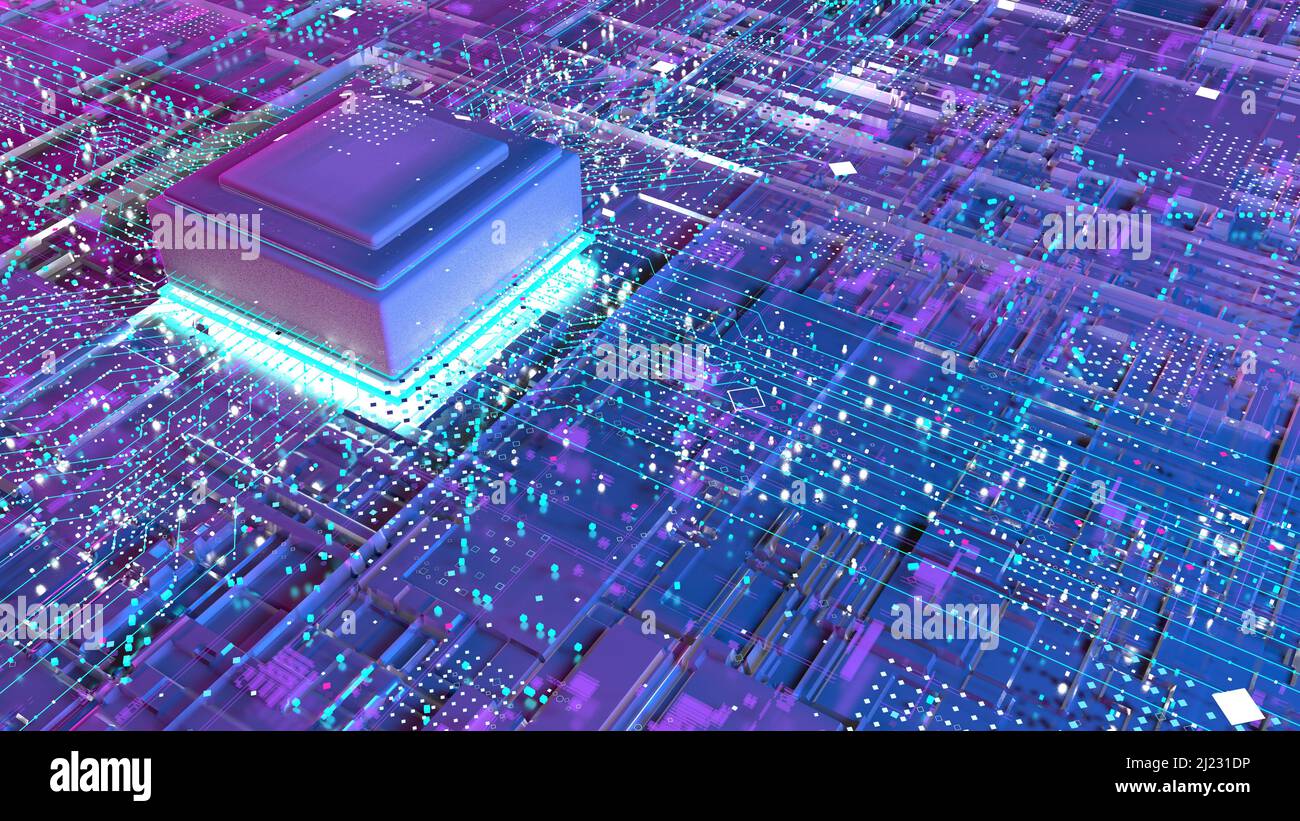 Placa de circuito con una CPU central de procesadores de ordenador, un chip de placa base digital que funciona con miles de conexiones iluminadas y una púrpura y bl Foto de stock