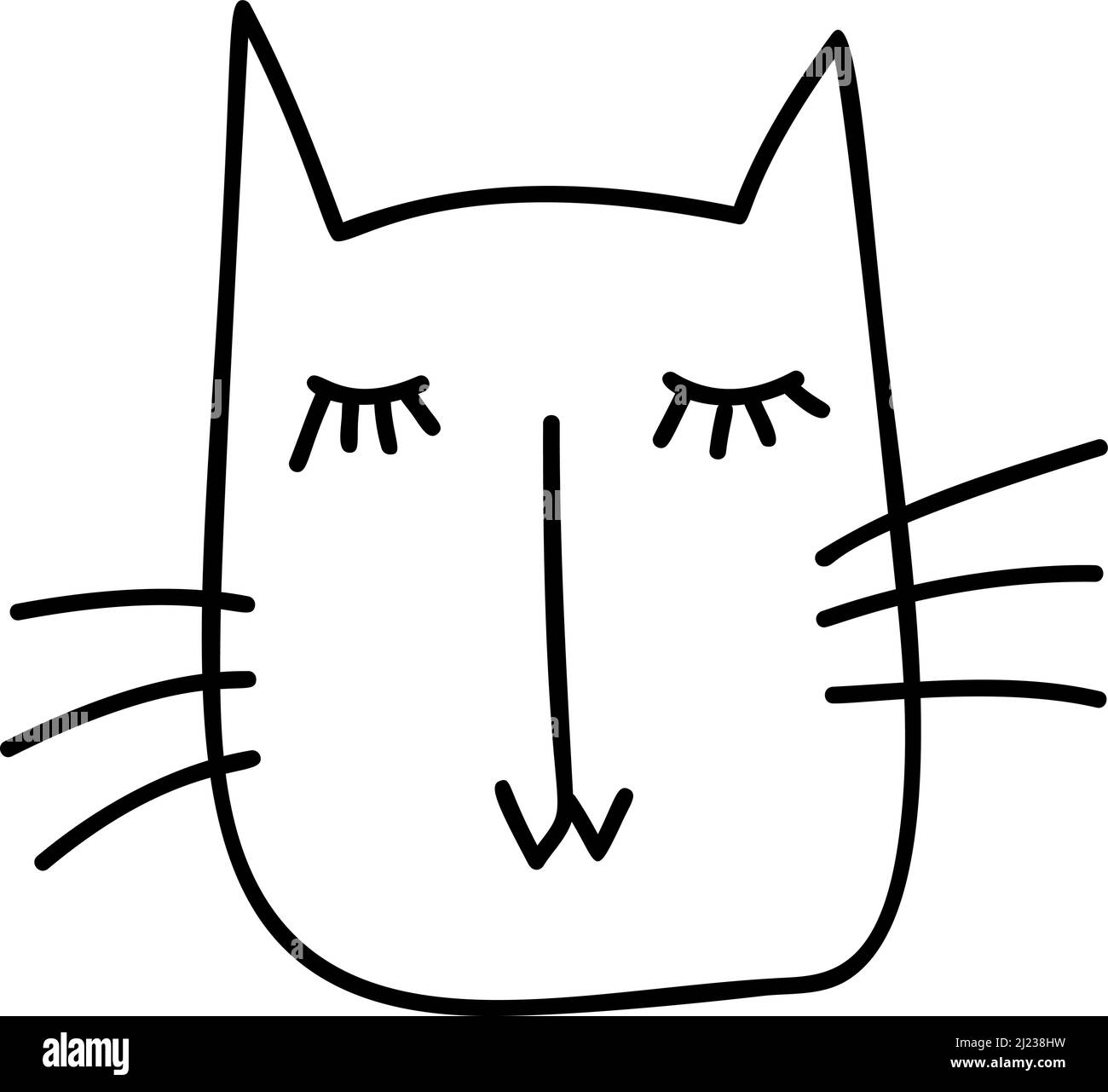 Lindo bebé línea negra cara de gato escandinavo. Ilustración dibujada a mano de un plano. Elemento de diseño de camiseta, textiles para el hogar, papel para envolver, niños Ilustración del Vector