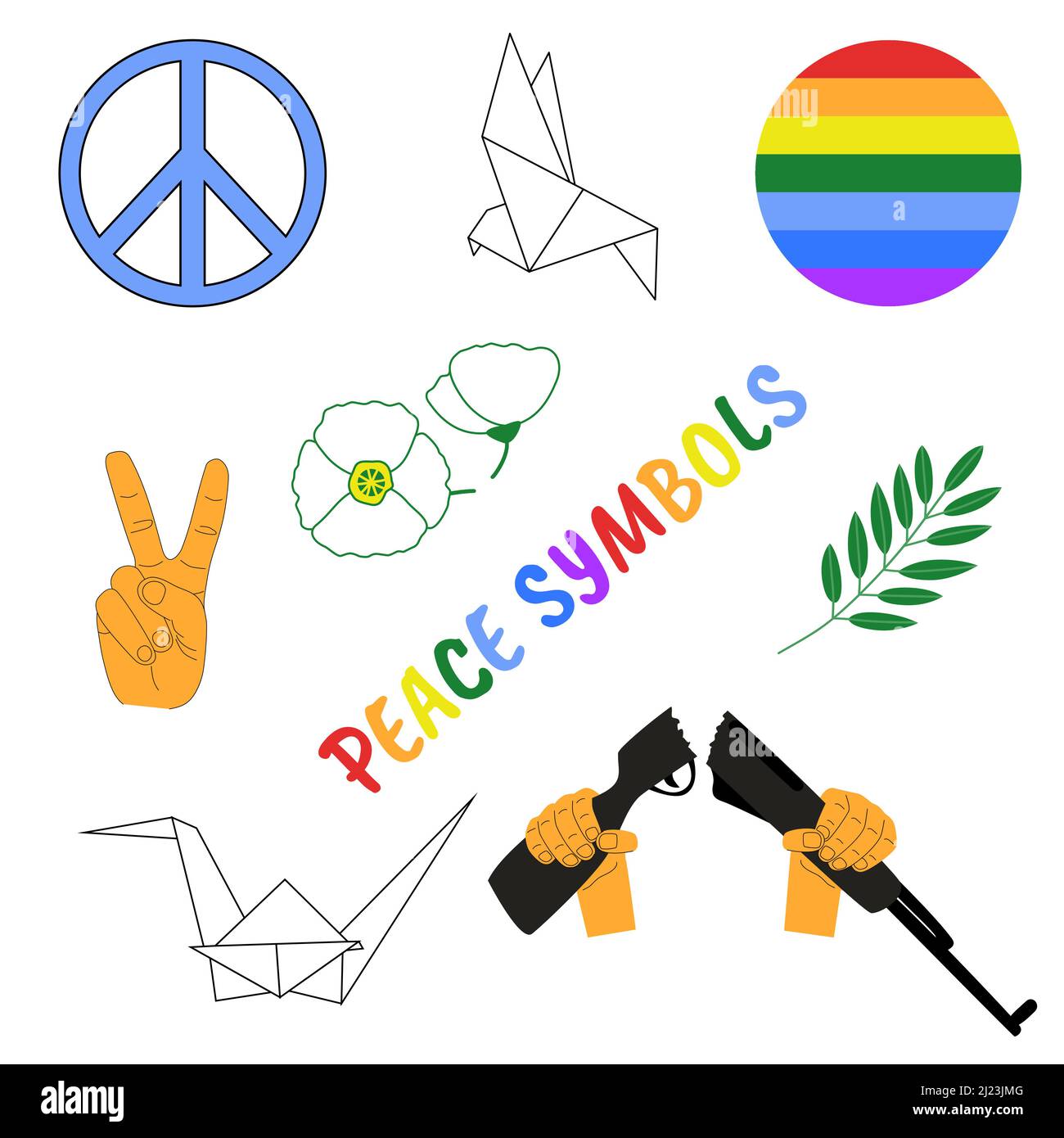 Conjunto de símbolos de paz. Dos pulgares para arriba, paloma y grúa de origami blanco, rama de olivo, shirley blanco, colores del arco iris, manos rompiendo un rifle. Elementos para el concepto de no guerra. Ilustración vectorial Ilustración del Vector