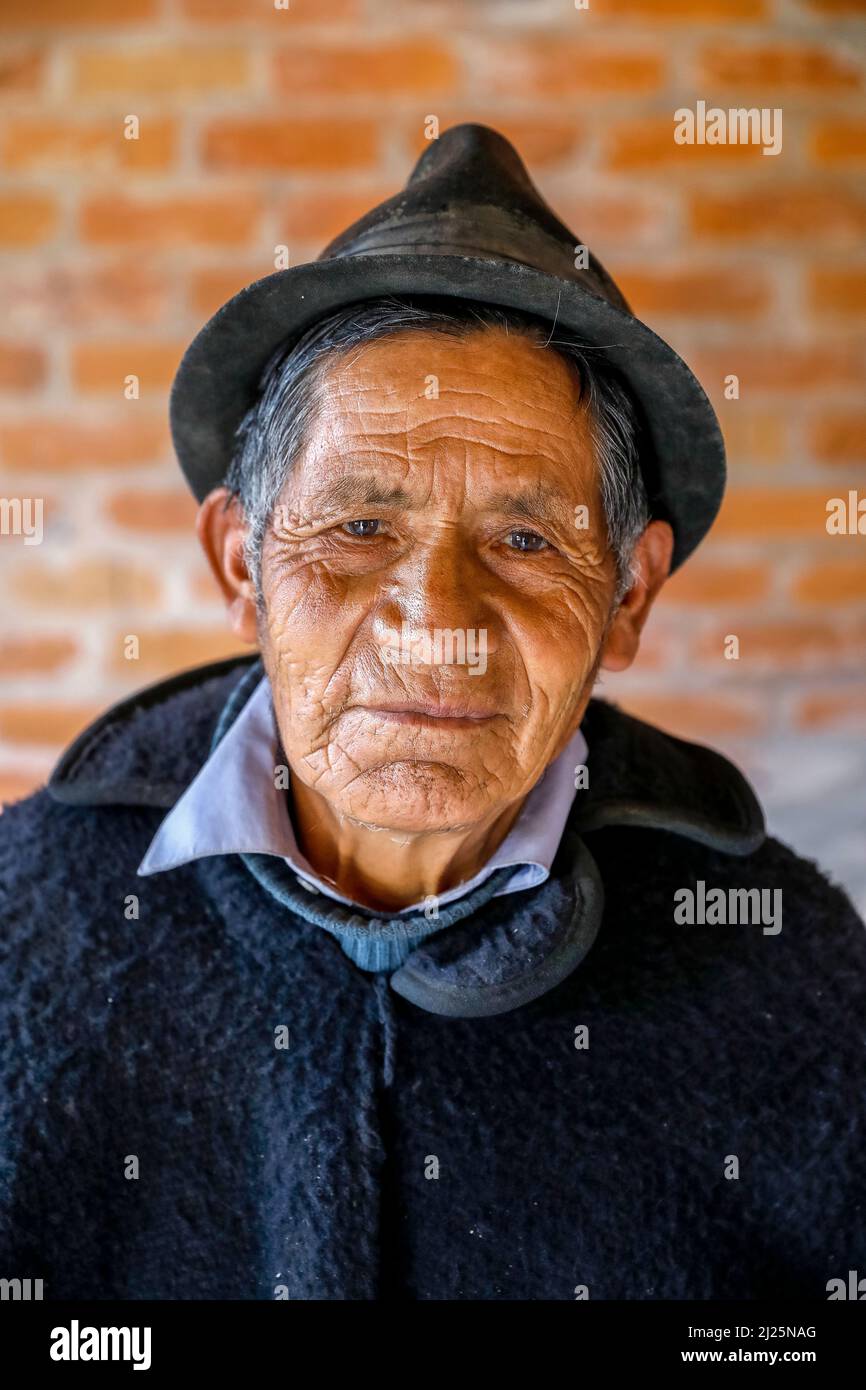 Indígena mayor ecuatoriano a aldea Chimborazo, Ecuador Foto de stock