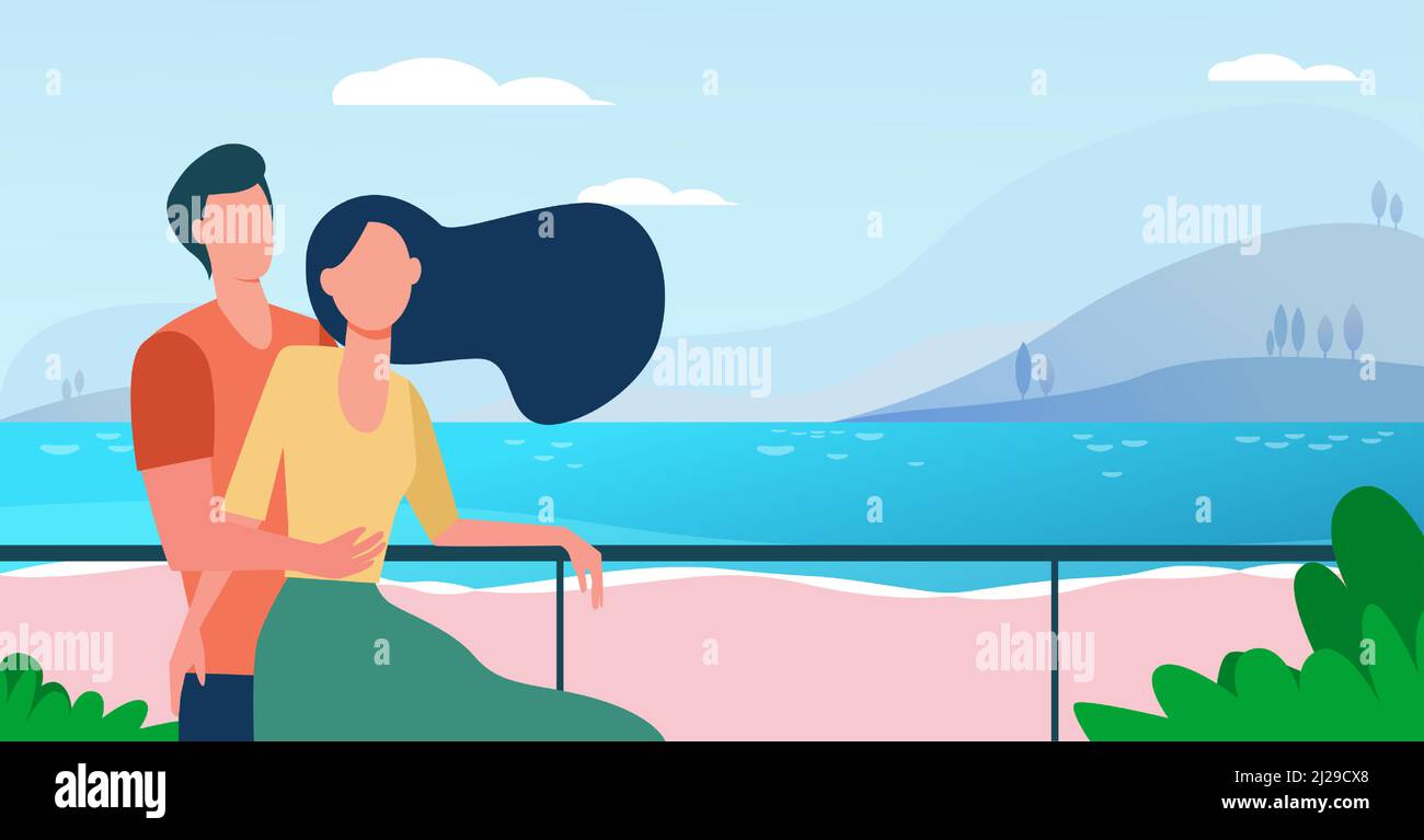 Pareja de citas disfrutando de vacaciones por mar. Hombre y mujer abrazando la ilustración de vector plano de la playa. Turismo, ocio, concepto de verano para banner, sitio web Ilustración del Vector