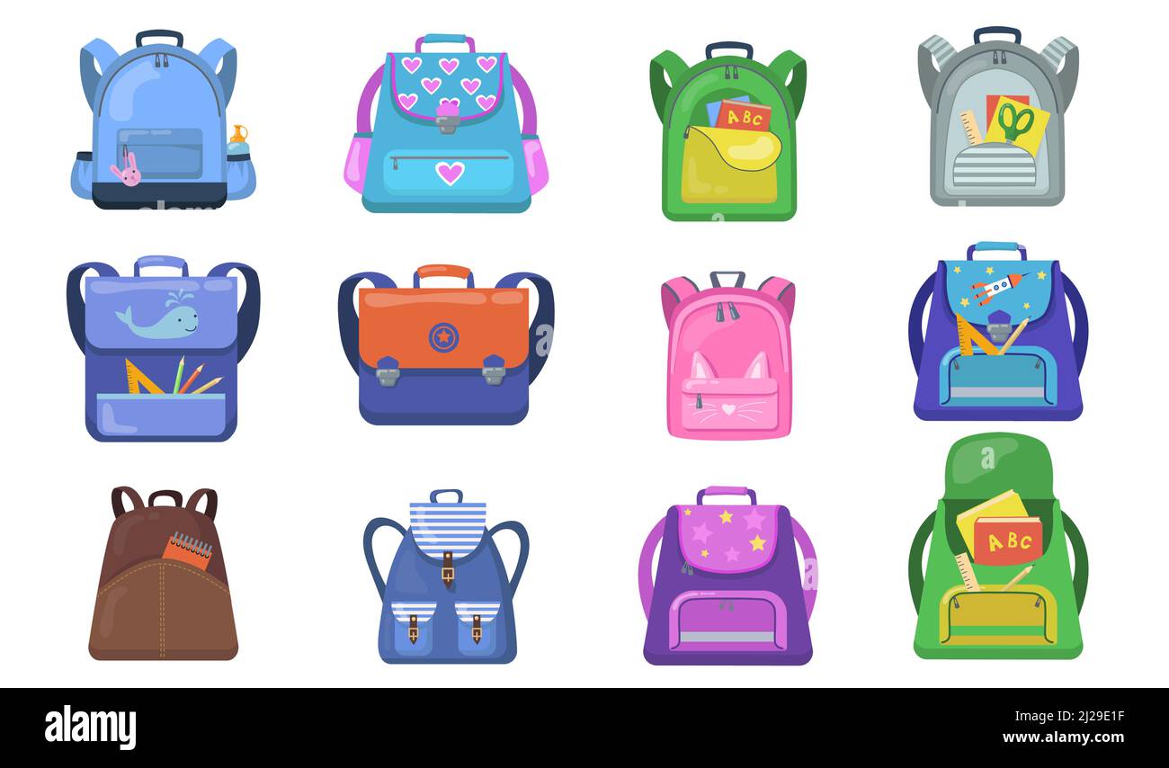 Mochilas escolares. Bolsas coloridas para de primaria, mochilas abiertas para niños con materiales escolares en el interior. Ilustraciones vectoriales para volver a Imagen Vector de stock - Alamy