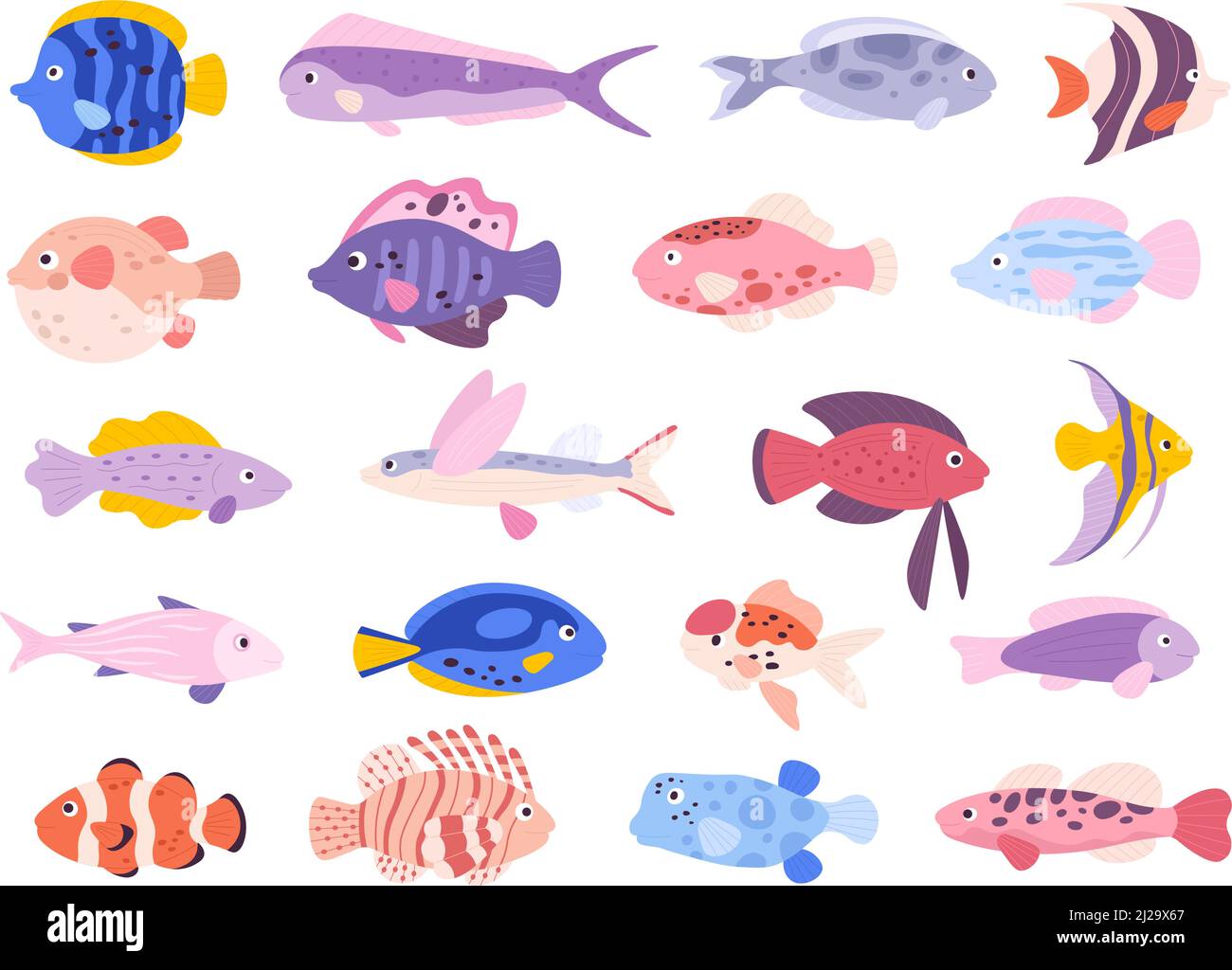Dibujos animados lindo océano tropical exótico acuario peces. Peces dorados,  tetra, barbo, angelfish y pez león. Peces de agua dulce pequeños mascotas  conjunto de vectores Imagen Vector de stock - Alamy