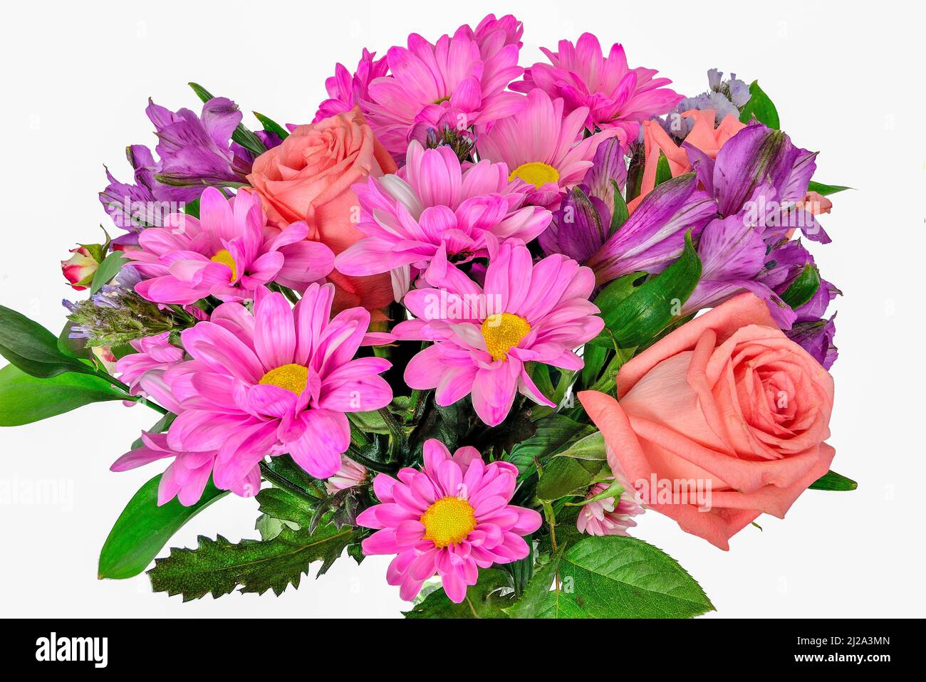 Ramo de rosas, flores de alstroemeria y crisantemos con hojas de color rosa, magenta y violeta cerca sobre fondo blanco aislado Foto de stock
