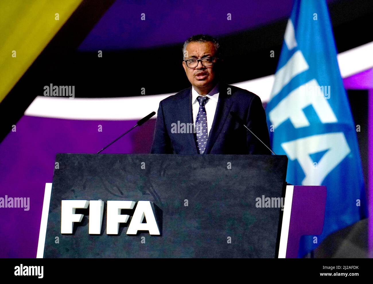 Tedros Adhanom Ghebreyesus, Director General de la Organización Mundial de la Salud, durante el Congreso de la FIFA 72nd en el Centro de Exposiciones y Convenciones de Doha, Doha. Fecha de la foto: Jueves 31 de marzo de 2022. Foto de stock