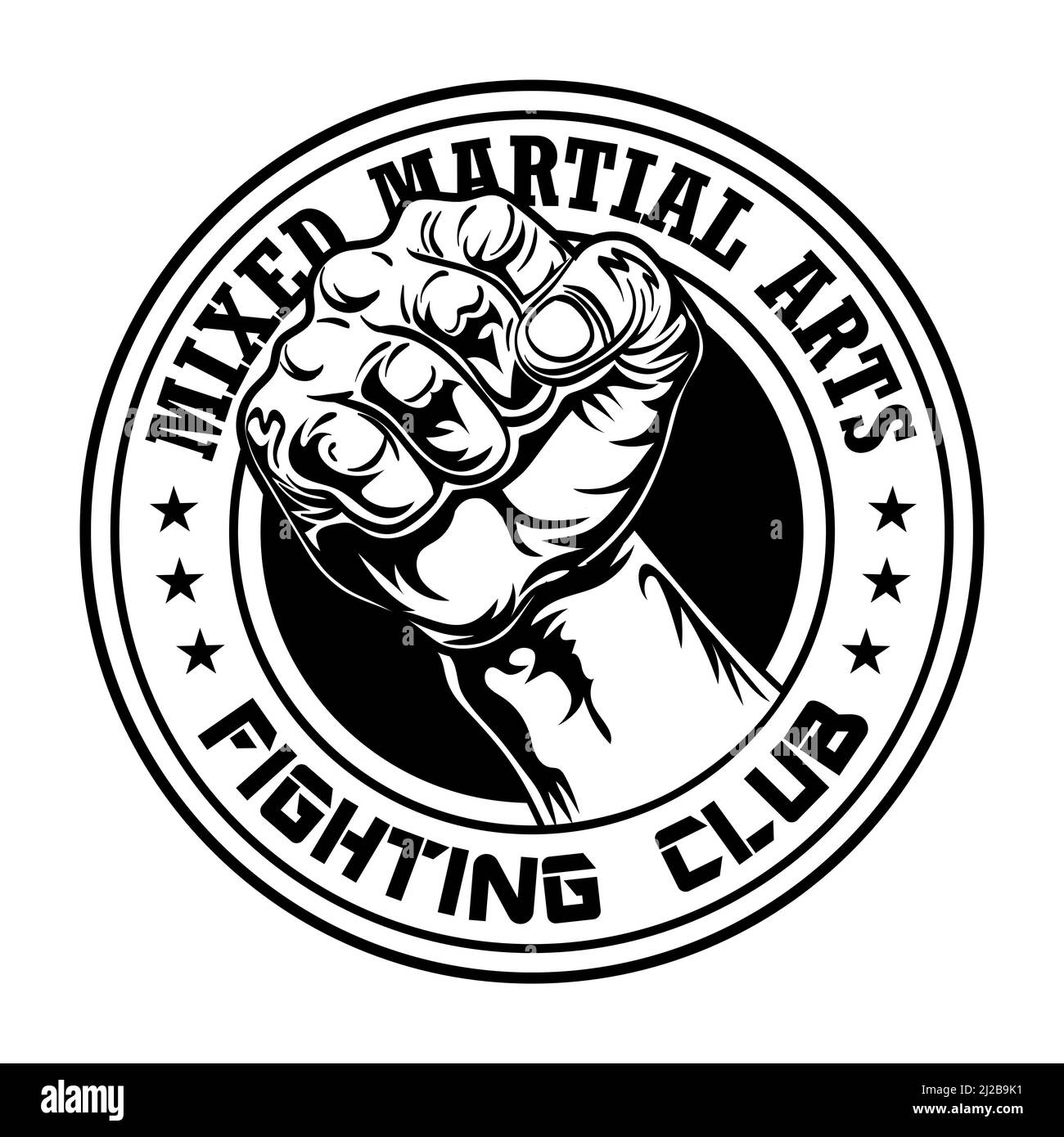 Lucha contra el emblema del club con puño. Boxeo y logotipo del club de lucha con brazo muscular