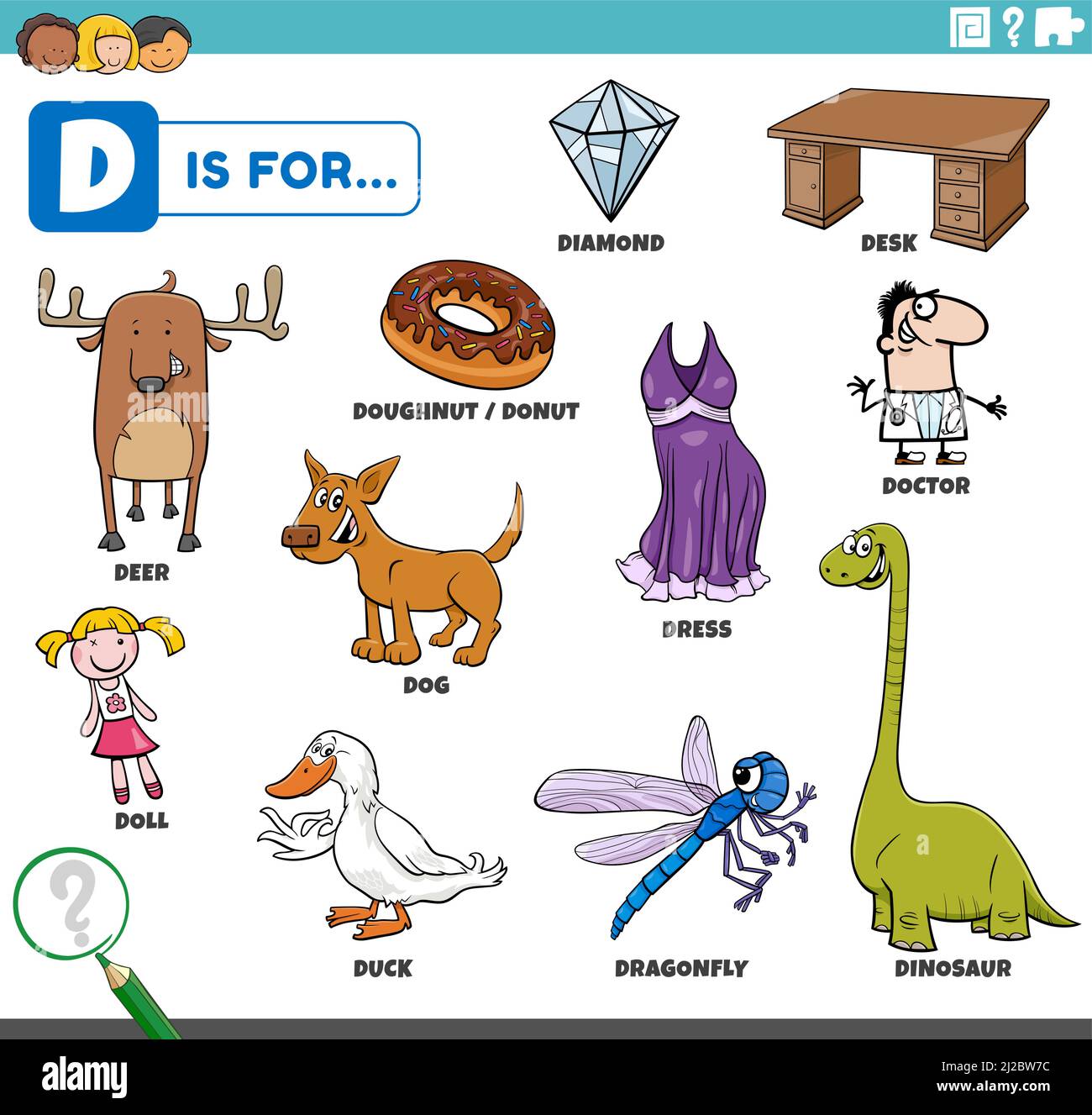 Ilustración de dibujos animados educativos de personajes y objetos cómicos  que comienzan con la letra D para niños Imagen Vector de stock - Alamy