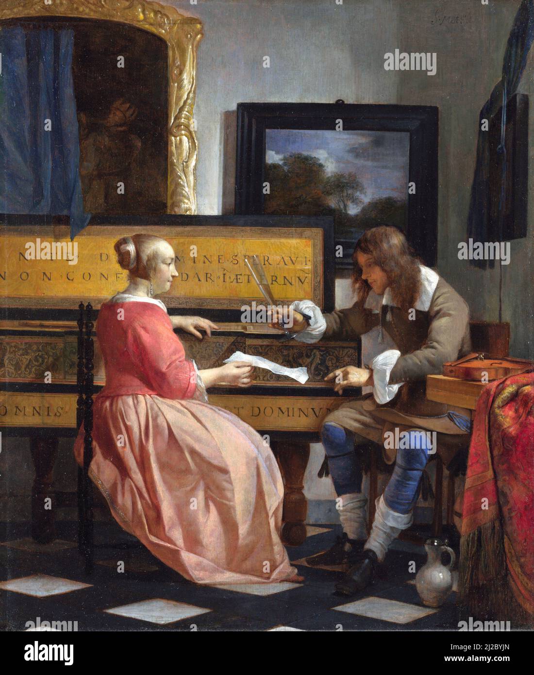 Un hombre y una mujer sentados por un virginal del artista holandés, Gabriël Metsu (1629–1667), óleo sobre roble, c. 1665 Foto de stock