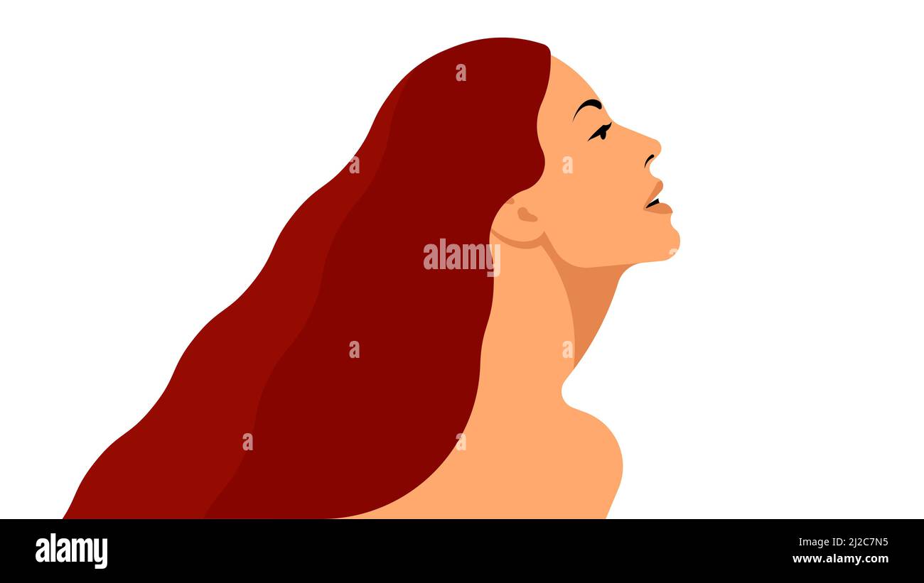 Mujer hermosa con pelo largo, piel perfecta. Hermosa, joven mujer, vista lateral. Cabeza y hombros. Retrato femenino de primer plano en estilo vectorial moderno. Ilustración del Vector