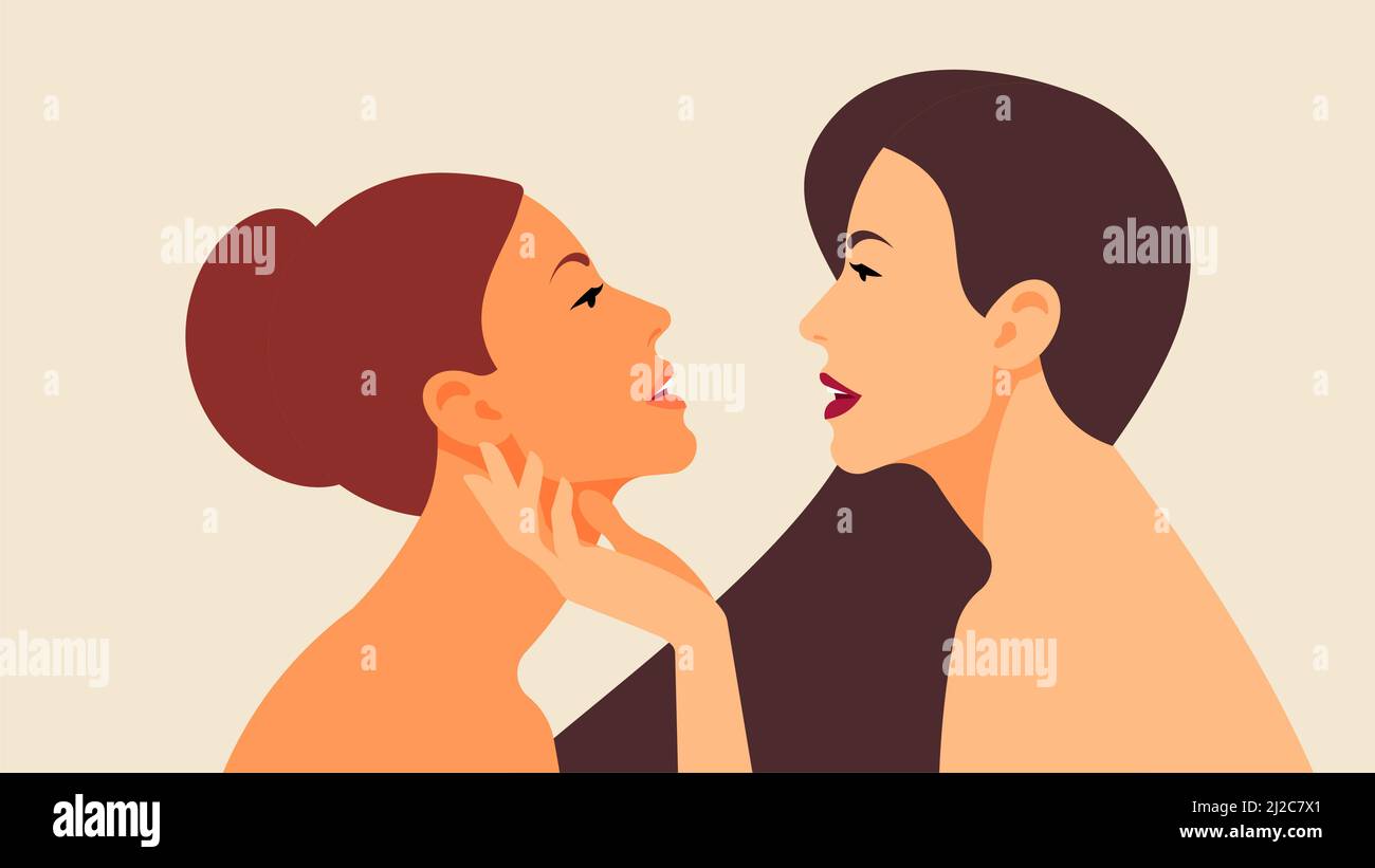 Dos mujeres hermosas brillantes. Señoras con pelo marrón, piel perfecta. Mujeres jóvenes, hermosas, vista lateral. Cabeza y hombros. Primeros planos de retratos femeninos en Ilustración del Vector