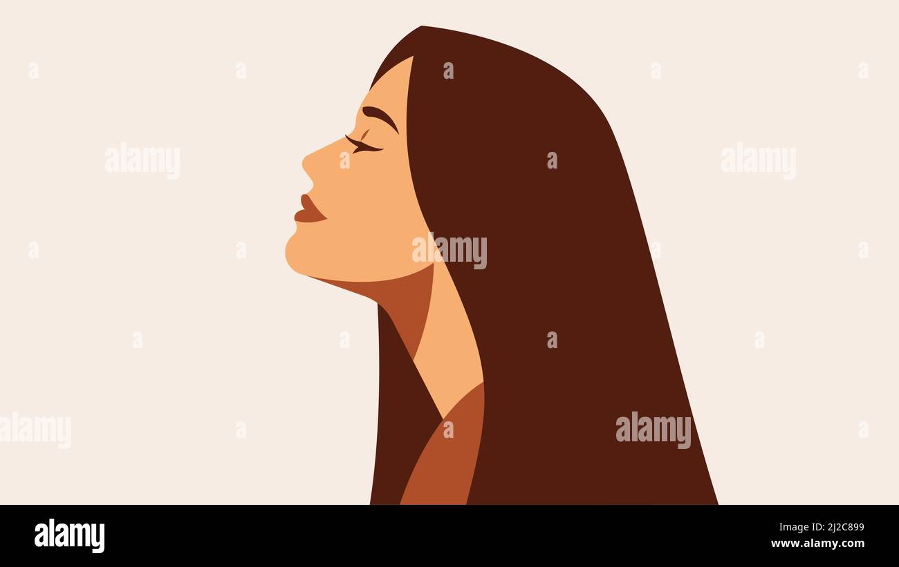 Mujer hermosa con pelo largo, piel perfecta. Hermosa, joven mujer, vista lateral. Cabeza y hombros. Retrato femenino de primer plano en estilo vectorial moderno. Ilustración del Vector