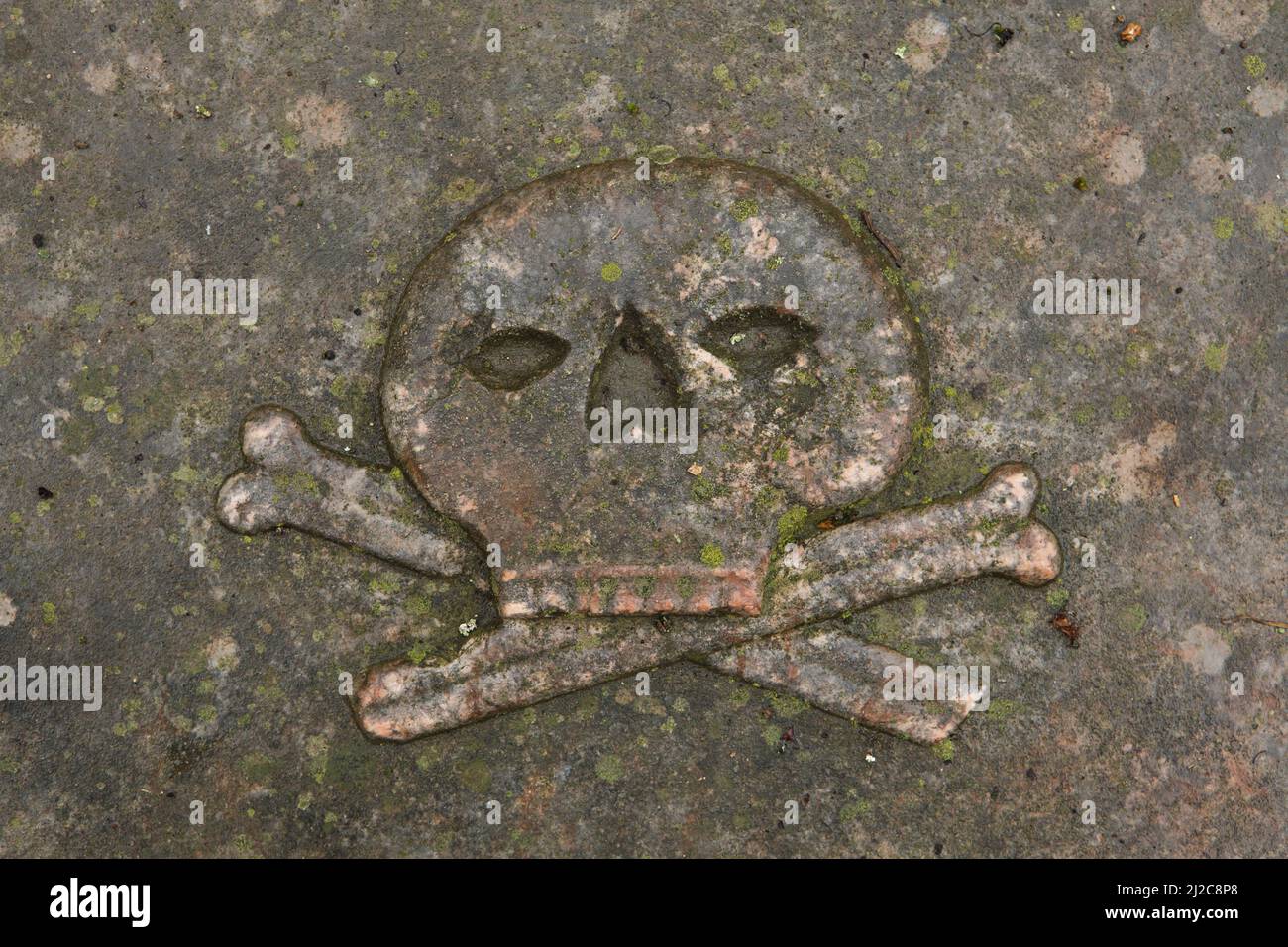 Cráneo y huesos representados en una de las tumbas del Cementerio Ruso junto a la Capilla Rusa de Alexandra Pavlovna en Üröm, cerca de Budapest, Hungría. Foto de stock
