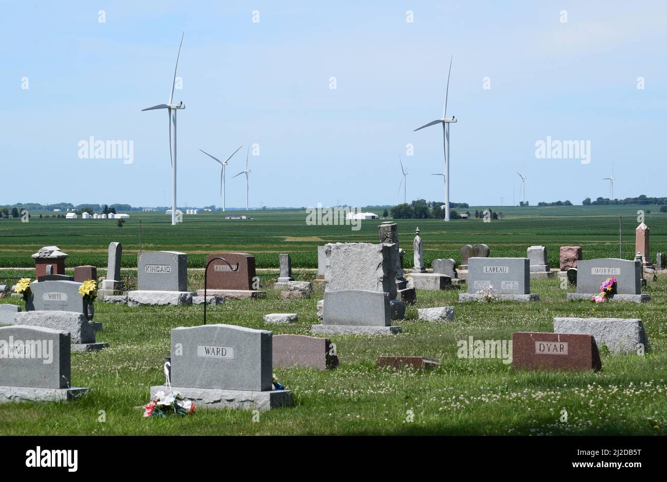 Muchos grandes molinos de viento oscurecen la hermosa vista de tierras de labranza cerca de Newman, Illinois, vista desde la parte trasera del cementerio Pleasant Ridge Foto de stock