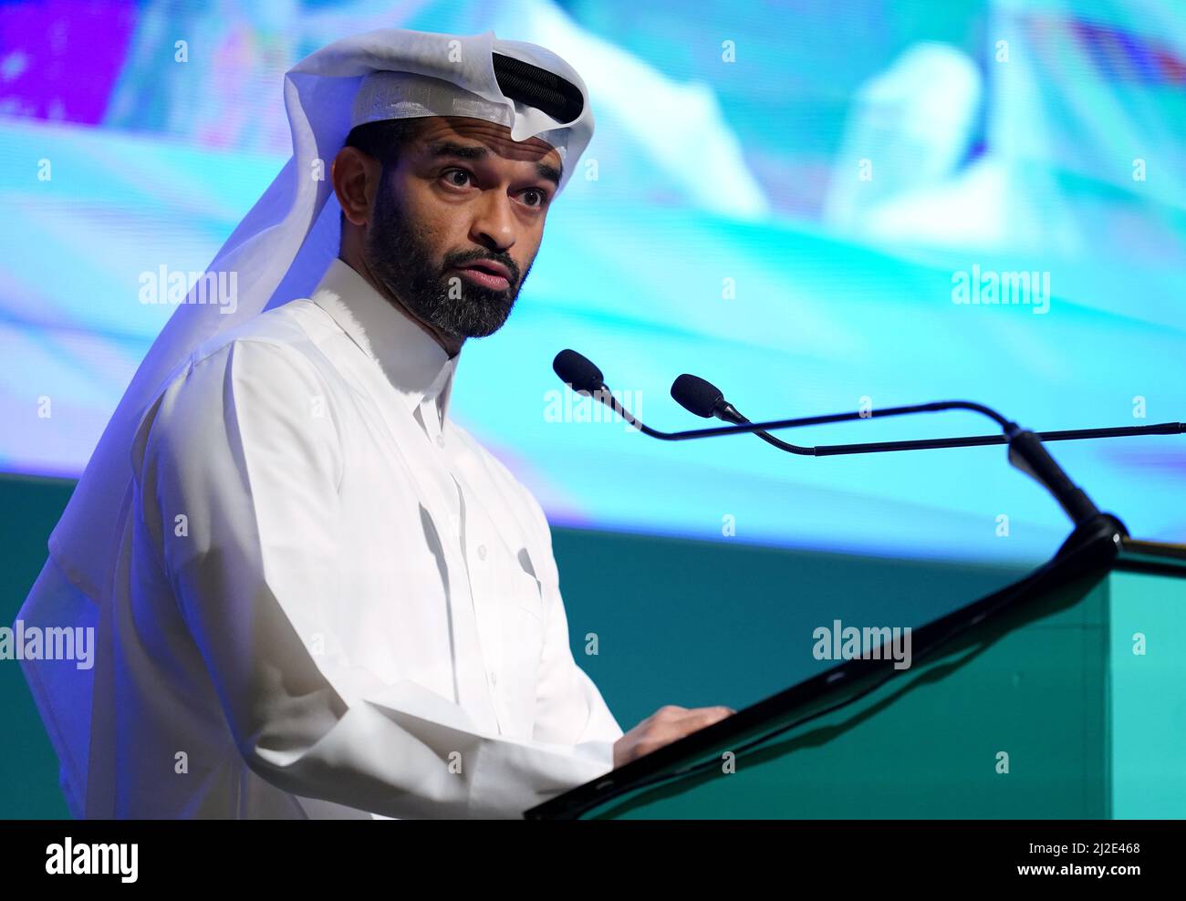 Hassan Al Thawadi durante un seminario en equipo en Doha, Qatar. Fecha de la foto: Viernes 1 de abril de 2022. Foto de stock