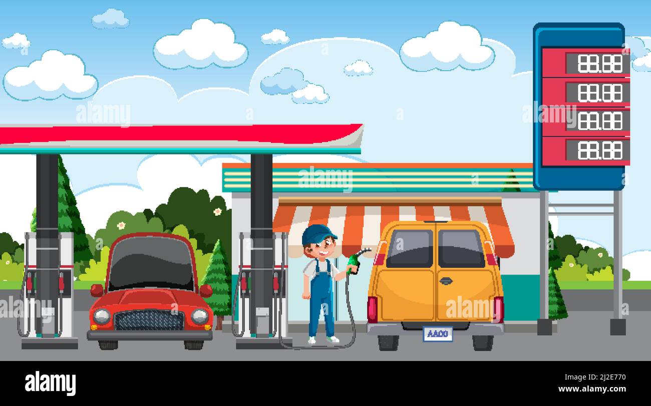 Ilustración de la escena de dibujos animados de la gasolinera Imagen Vector  de stock - Alamy