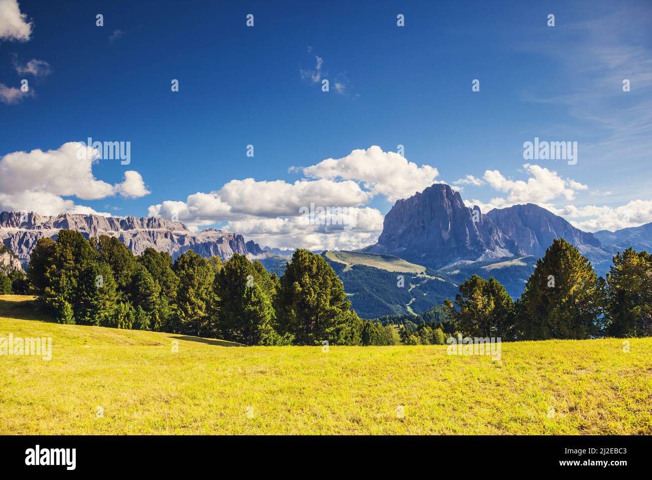 Vista sobre el grupo Sassolungo (Langkofel), valle Gardena. Parque Nacional Dolomitas, Tirol del Sur. Ubicación pueblo Ortisei, S. Cristina y Selva, Italia Foto de stock