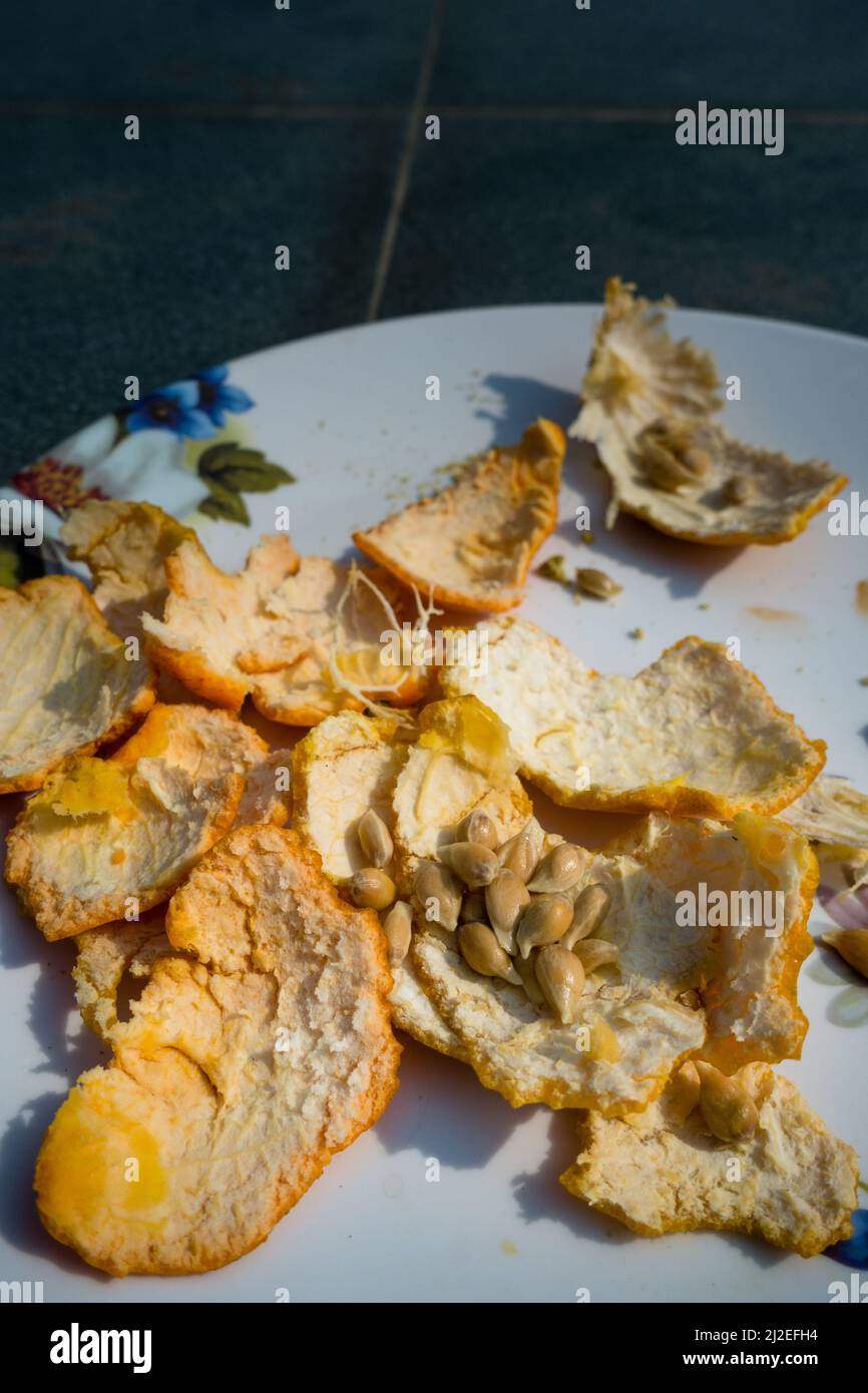 Un primer plano de cáscara de naranja y semillas en un plato blanco. La cáscara de naranja también contiene buenas cantidades de provitamina A, folato, riboflavina, tiamina, vitam Foto de stock