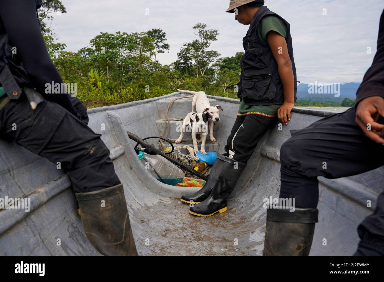 Miembros de la guardia comunitaria A'i Cofan patrullan el río Aguarico en  la Amazonía ecuatoriana, donde se les otorgó a los grupos indígenas el  poder de bloquear proyectos mineros tras una sentencia