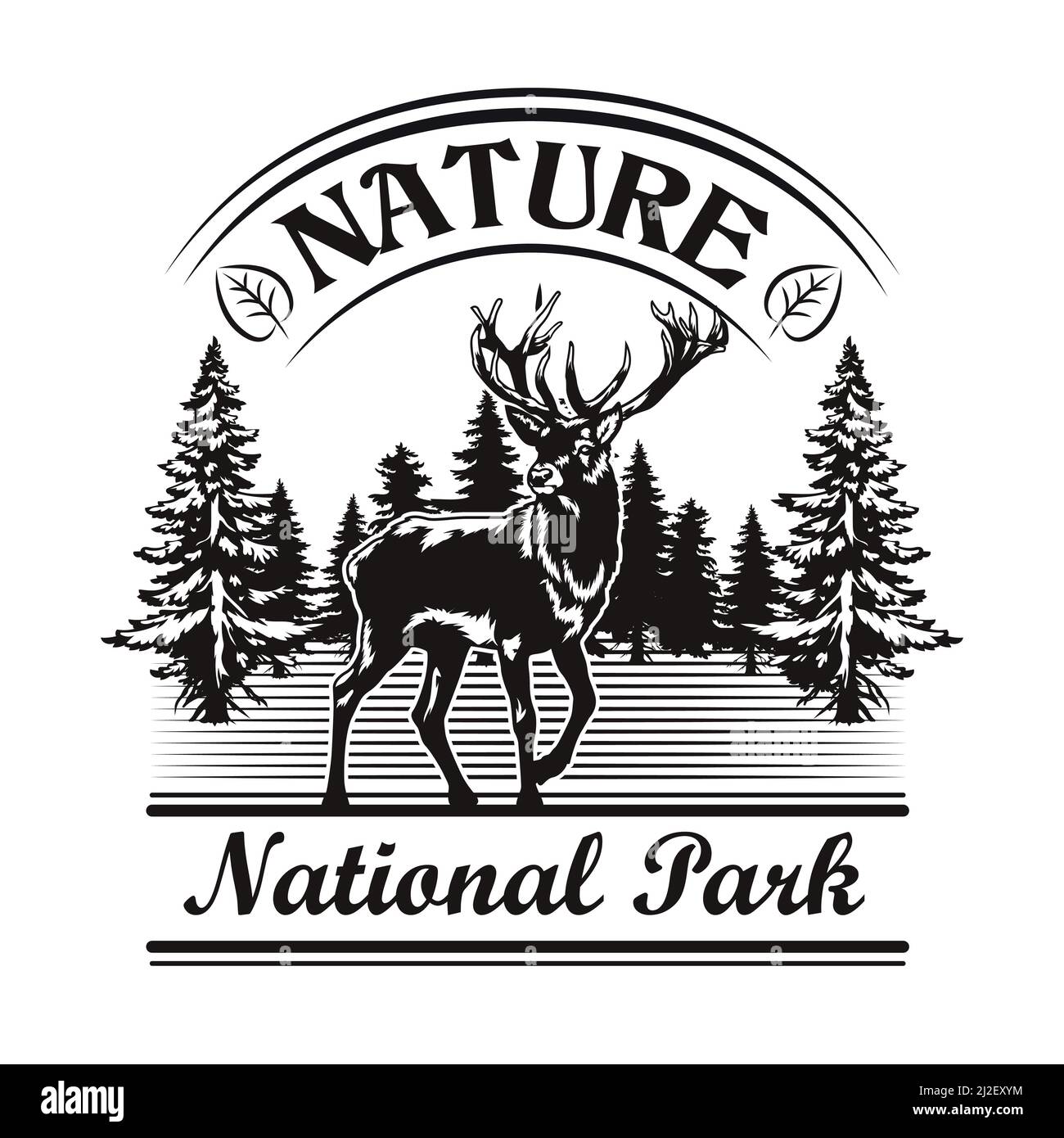 Diseño de símbolo de parque y naturaleza. Elemento monocromo con reno en bosque, ilustración vectorial de paisaje con texto. Concepto de parque nacional para sellos A. Ilustración del Vector