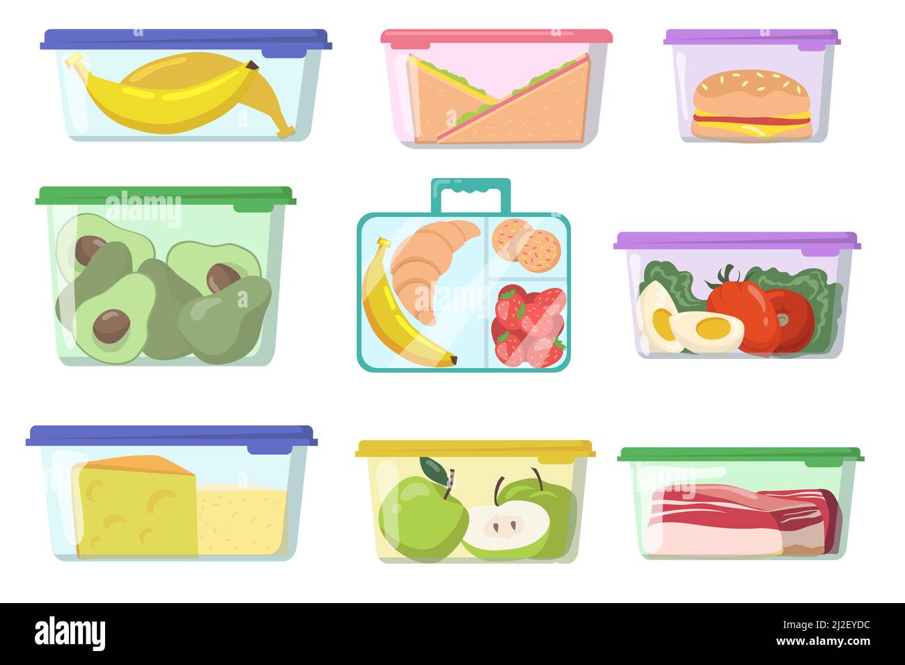 Contenedores de plástico con varios juegos planos de alimentos para el  diseño de la tela. Cajas de almuerzo de dibujos animados con comida fresca  colección de ilustraciones vectoriales aisladas. Nutrición A Imagen