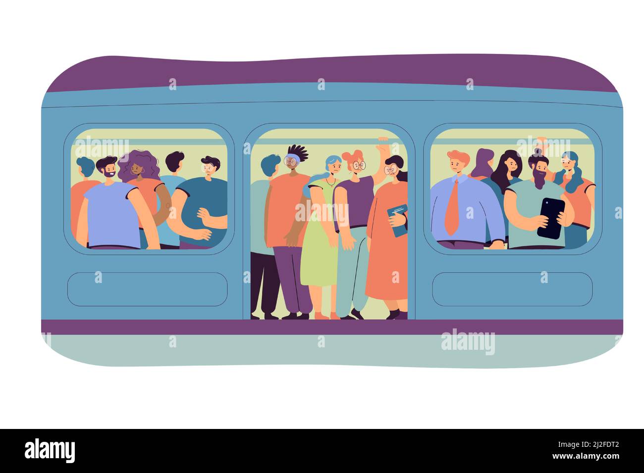 Concepto de desplazamientos, transporte y sobrepoblación. Muchedumbre de pasajeros que viajan en tren subterráneo, de pie apretado en un carro abarrotado. Vector plano il Ilustración del Vector