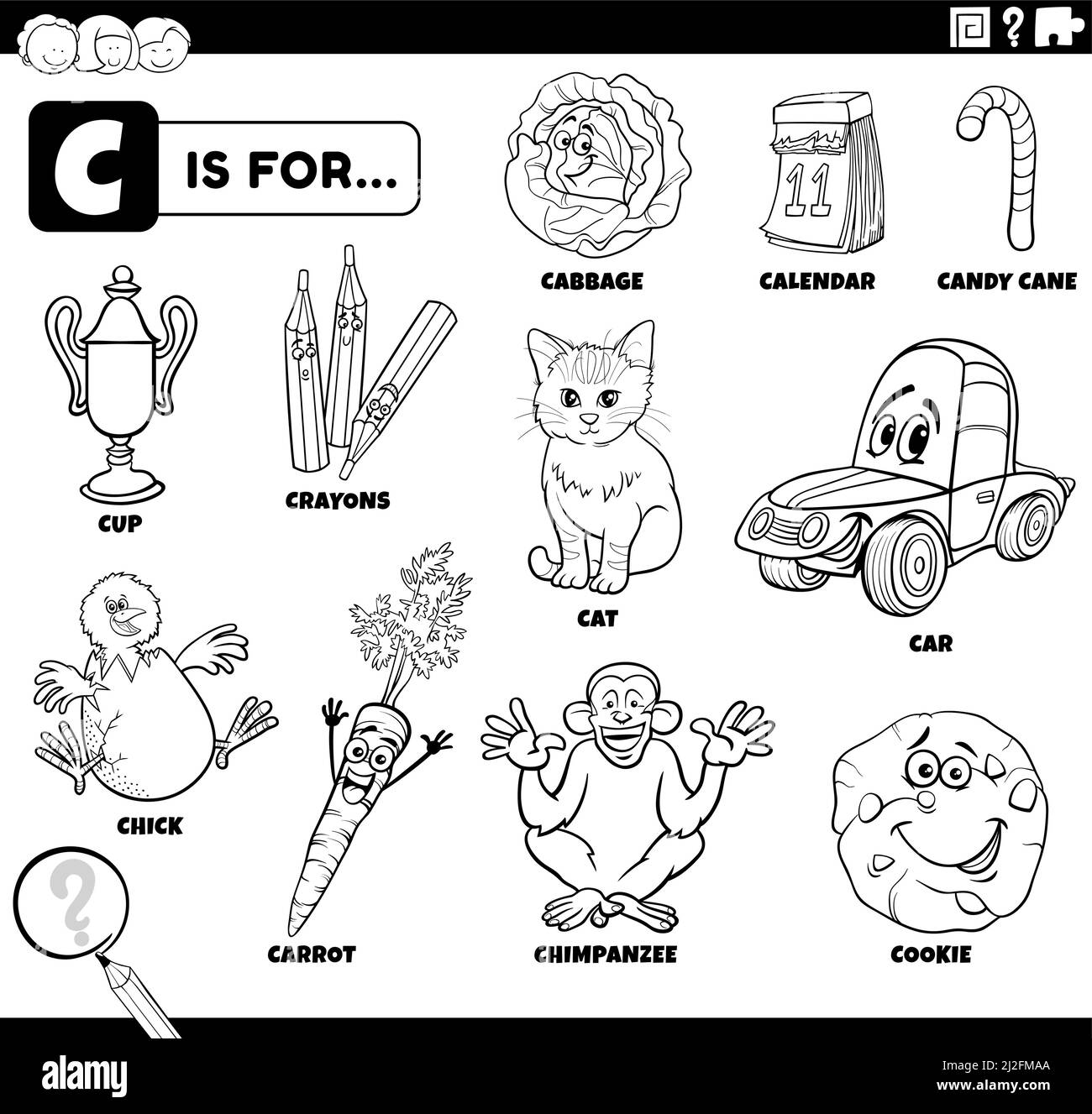 Ilustración de dibujos animados educativos en blanco y negro de personajes  y objetos cómicos que comienzan con la letra C para niños colorear página  de libro Imagen Vector de stock - Alamy