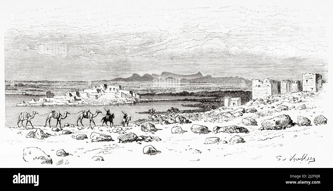 Vista panorámica general de la ciudad de Muzayrib, Siria. Peregrinación a Nedjed, cuna de la raza árabe por Lady Anna Blunt 1878-1879, Le Tour du Monde 1882 Foto de stock