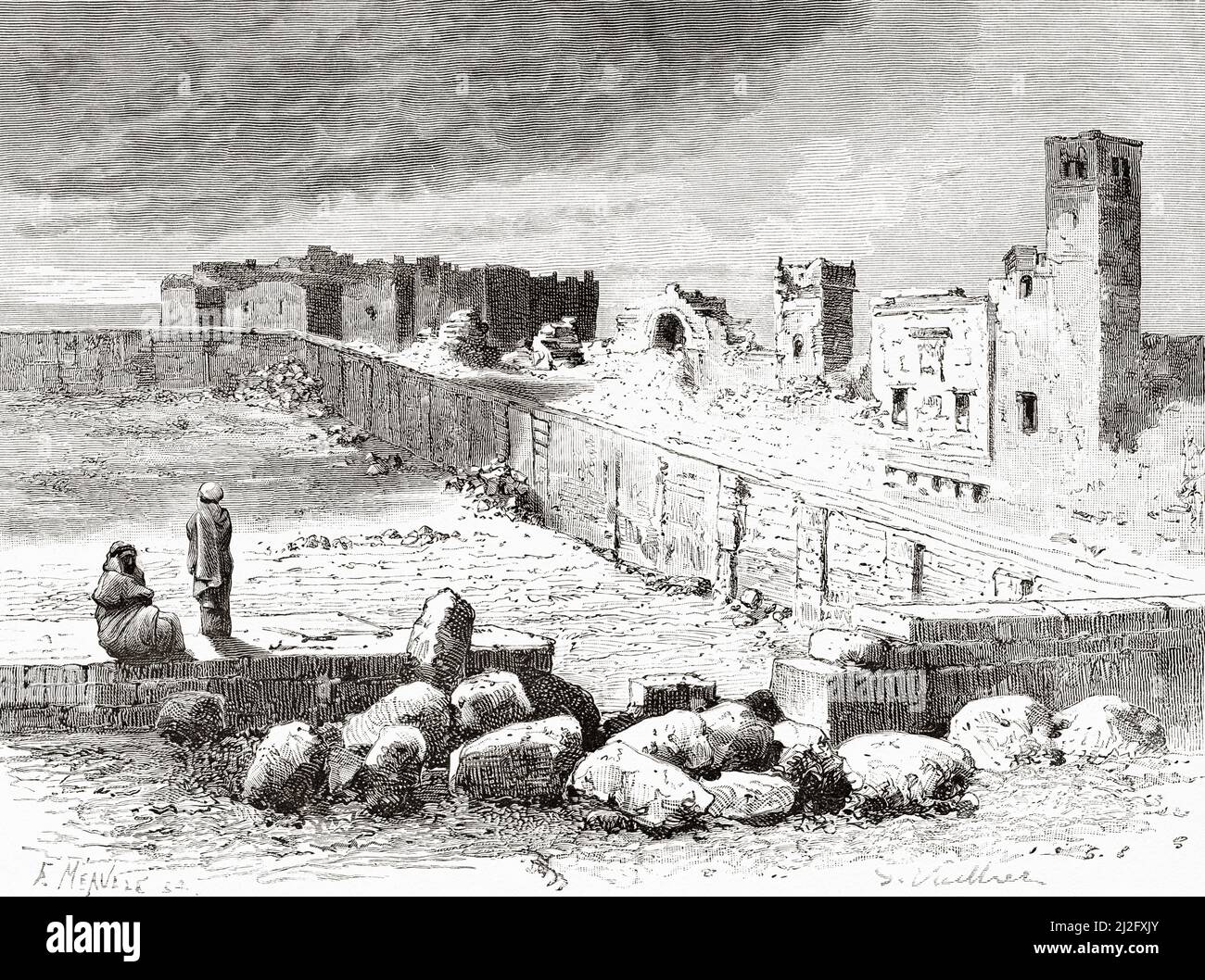 Ruinas de Bosra. Busra al-Sham es una ciudad en el sur de Siria, distrito de Daraa, región de Hauran, Siria. Peregrinación a Nedjed, cuna de la raza árabe por Lady Anna Blunt 1878-1879, Le Tour du Monde 1882 Foto de stock