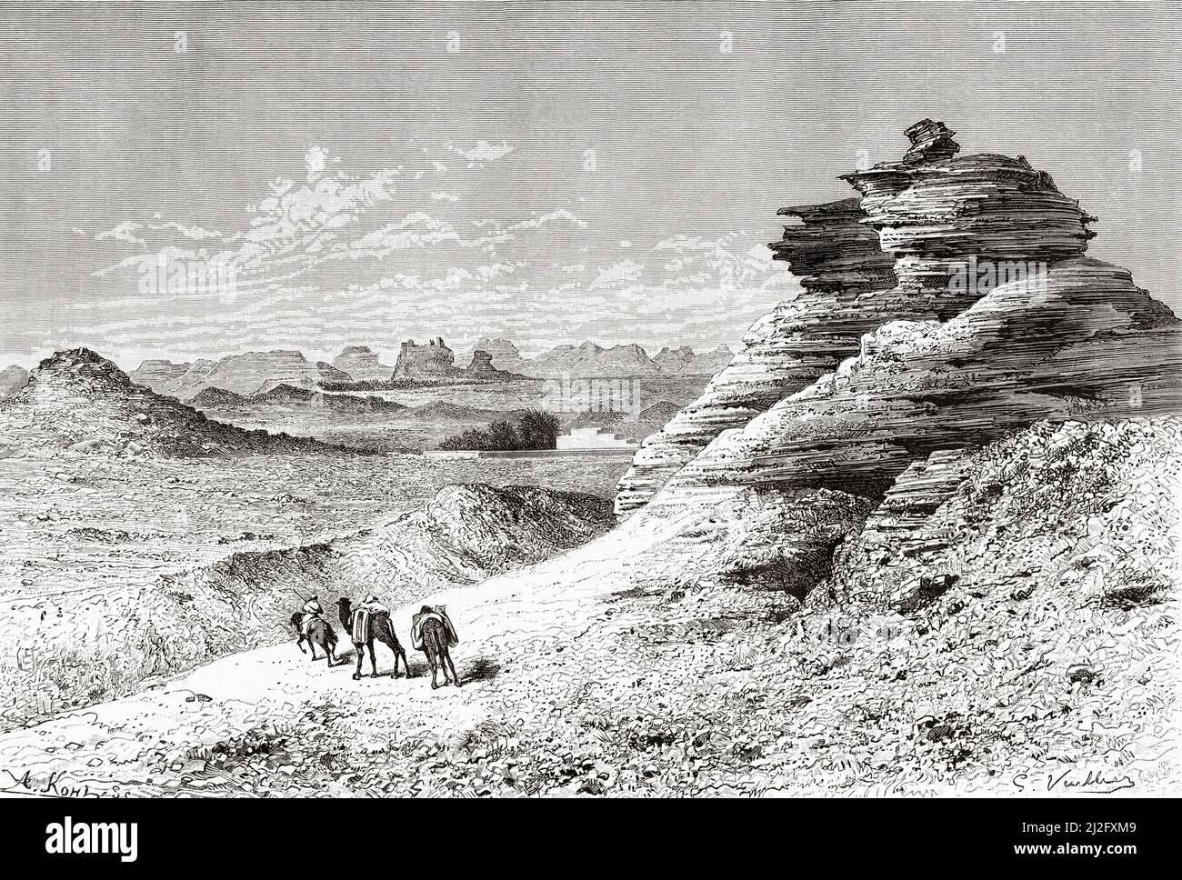 Montaña de arenisca cerca de Sakaka, Arabia Saudita. Peregrinación a Nedjed, cuna de la raza árabe por Lady Anna Blunt 1878-1879, Le Tour du Monde 1882 Foto de stock