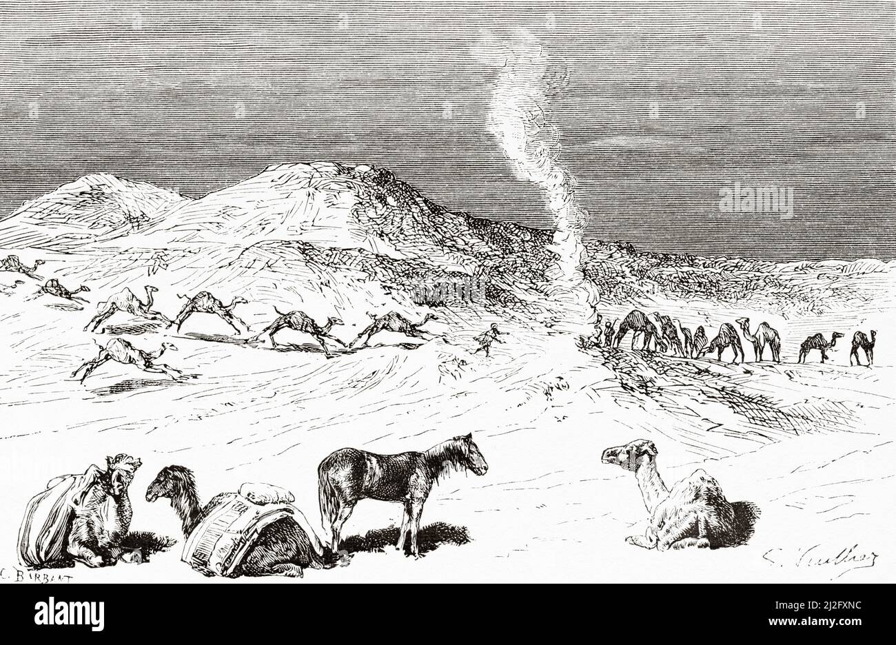 Estampida de camellos en el desierto, Región de las Cárcel, Arabia Saudita. Peregrinación a Nedjed, cuna de la raza árabe por Lady Anna Blunt 1878-1879, Le Tour du Monde 1882 Foto de stock