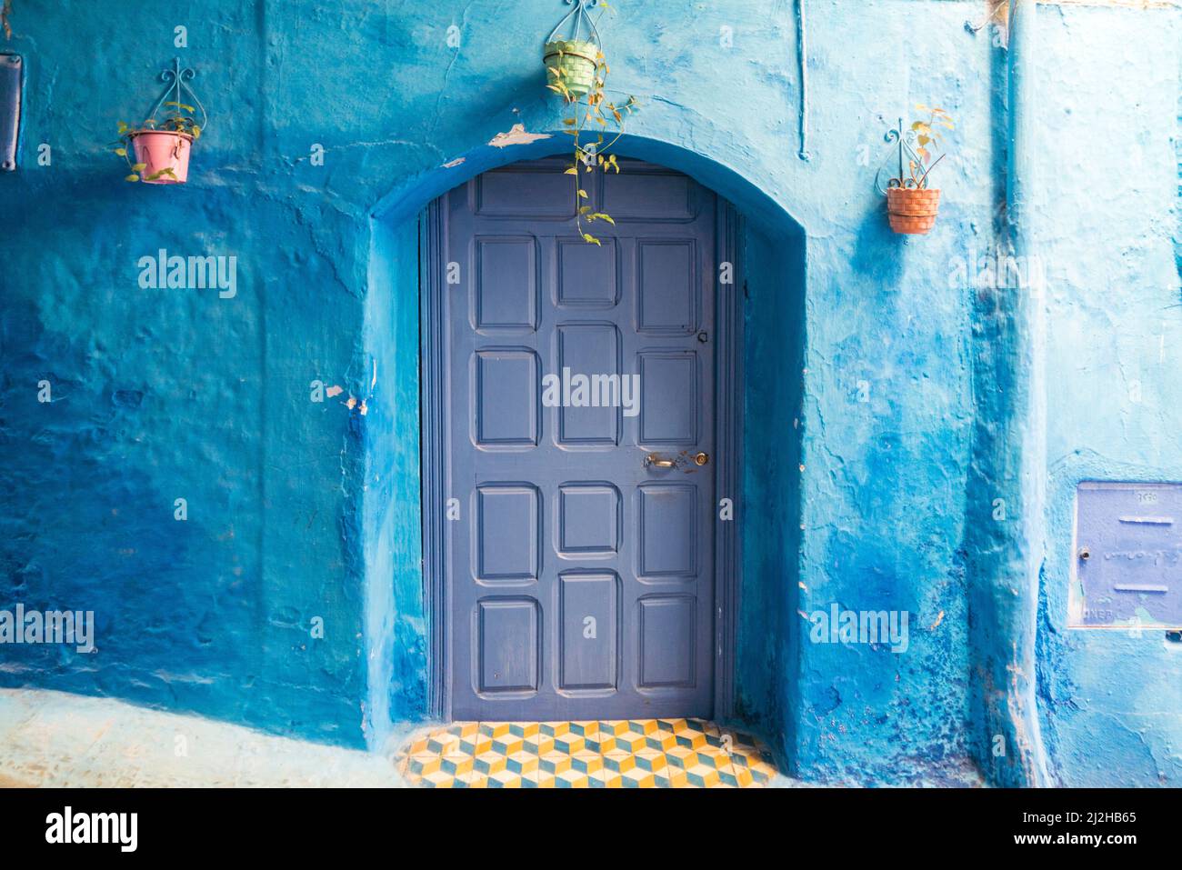 Marruecos, Chefchaouen, Puerta y planta en macetas en la tradicional casa azul Foto de stock