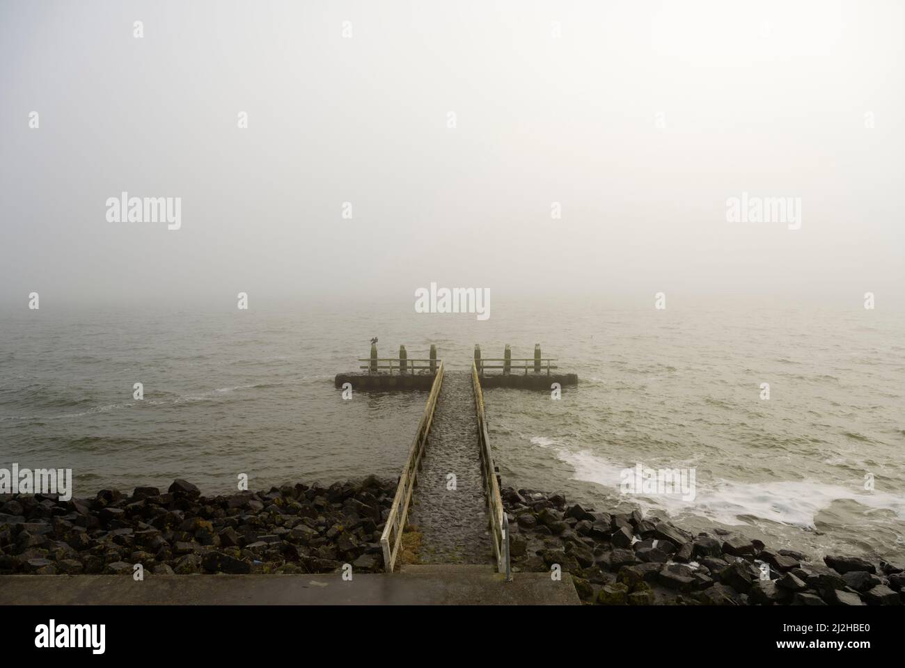 Holanda, Frisia, Muelle en el lago IJssel en niebla Foto de stock
