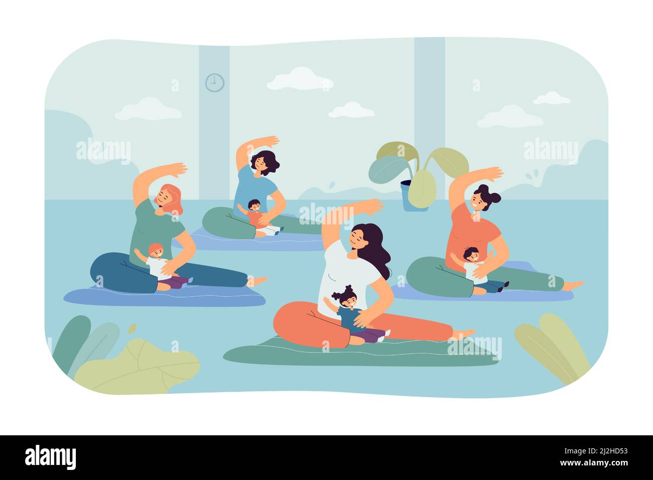 Mujeres Haciendo Yoga Con Bebés Ilustración De Vector Plano Grupo De Madres Haciendo Ejercicio 8834