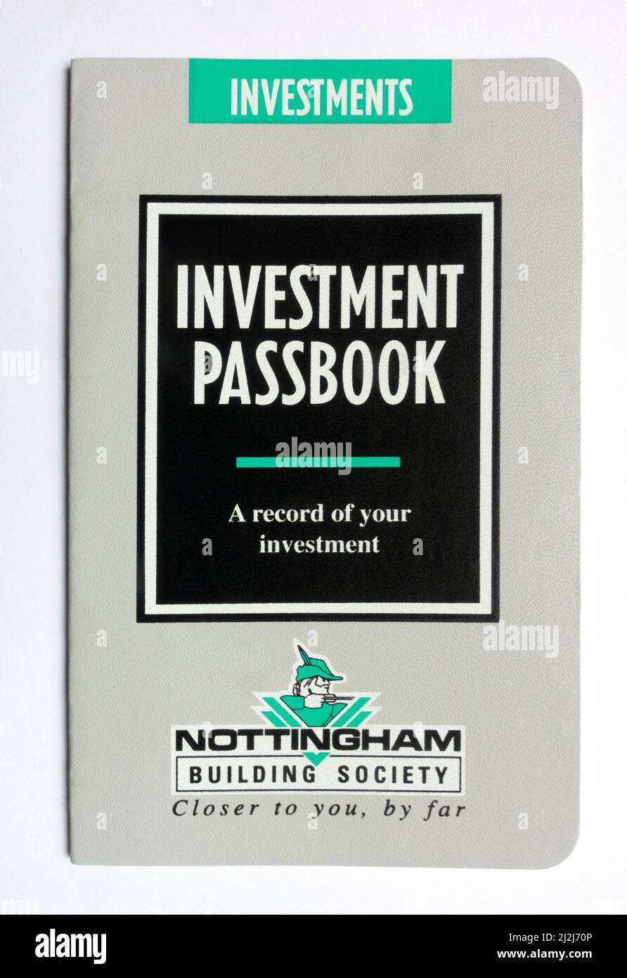 Cubierta de un antiguo cuaderno de inversiones para la Nottingham Building Society. La cuenta se abrió en 1995. Foto de stock
