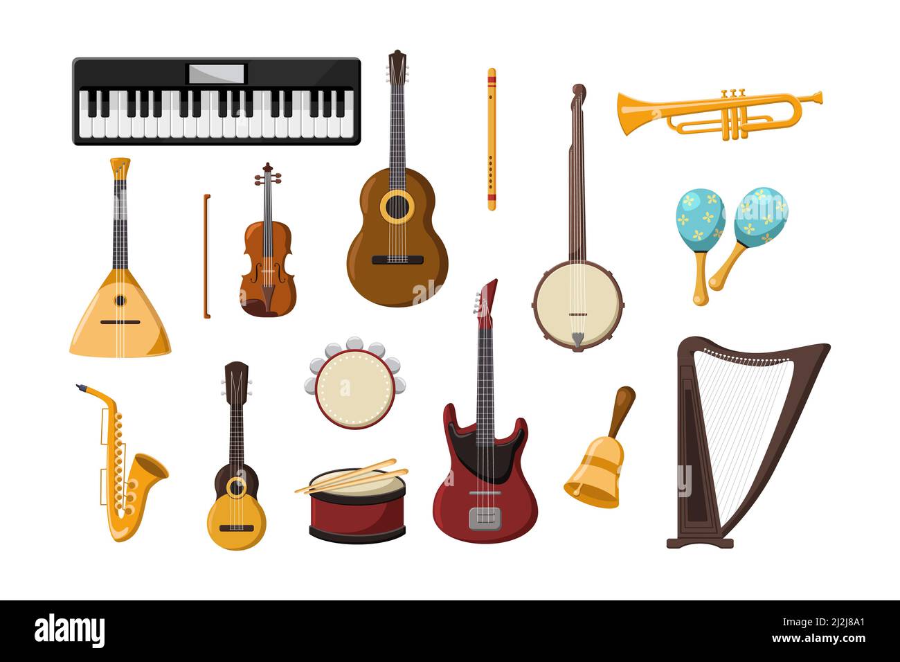 Varios instrumentos musicales de dibujos animados conjunto de ilustración. Acordeón, trombón, guitarra acústica y eléctrica, piano, tambor, flauta de silbato, saxofón, arpa i. Ilustración del Vector