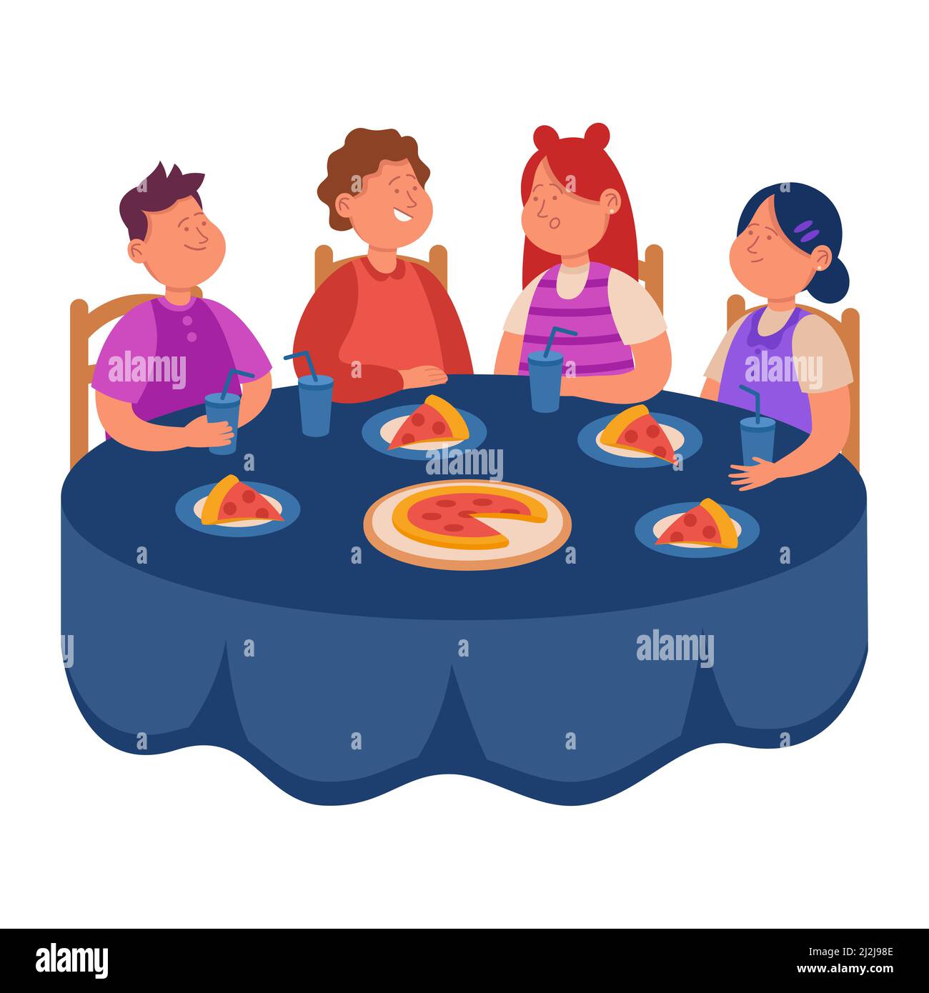 Niños De Dibujos Animados Comiendo Pizza Juntos Para El Almuerzo