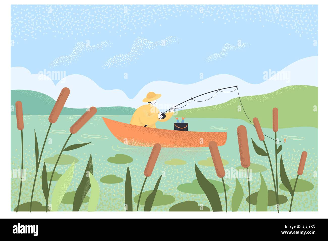 Pesca de dibujos animados en barco en el lago. Paisaje con cielo azul y el hombre pescando peces ilustración de vector plano. Ocio, verano, naturaleza, pasatiempo conc Ilustración del Vector