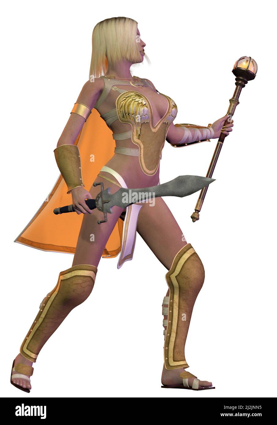 fantasy guerrero chica con espada, 3d ilustración Foto de stock