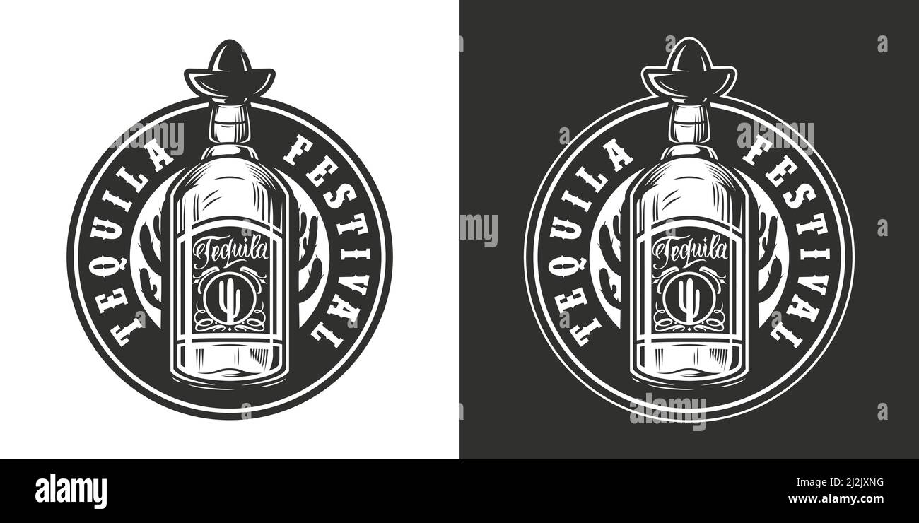 Sello redondo de la vendimia del festival mexicano con botella de tequila en monocromo ilustración de vector aislado de estilo Ilustración del Vector