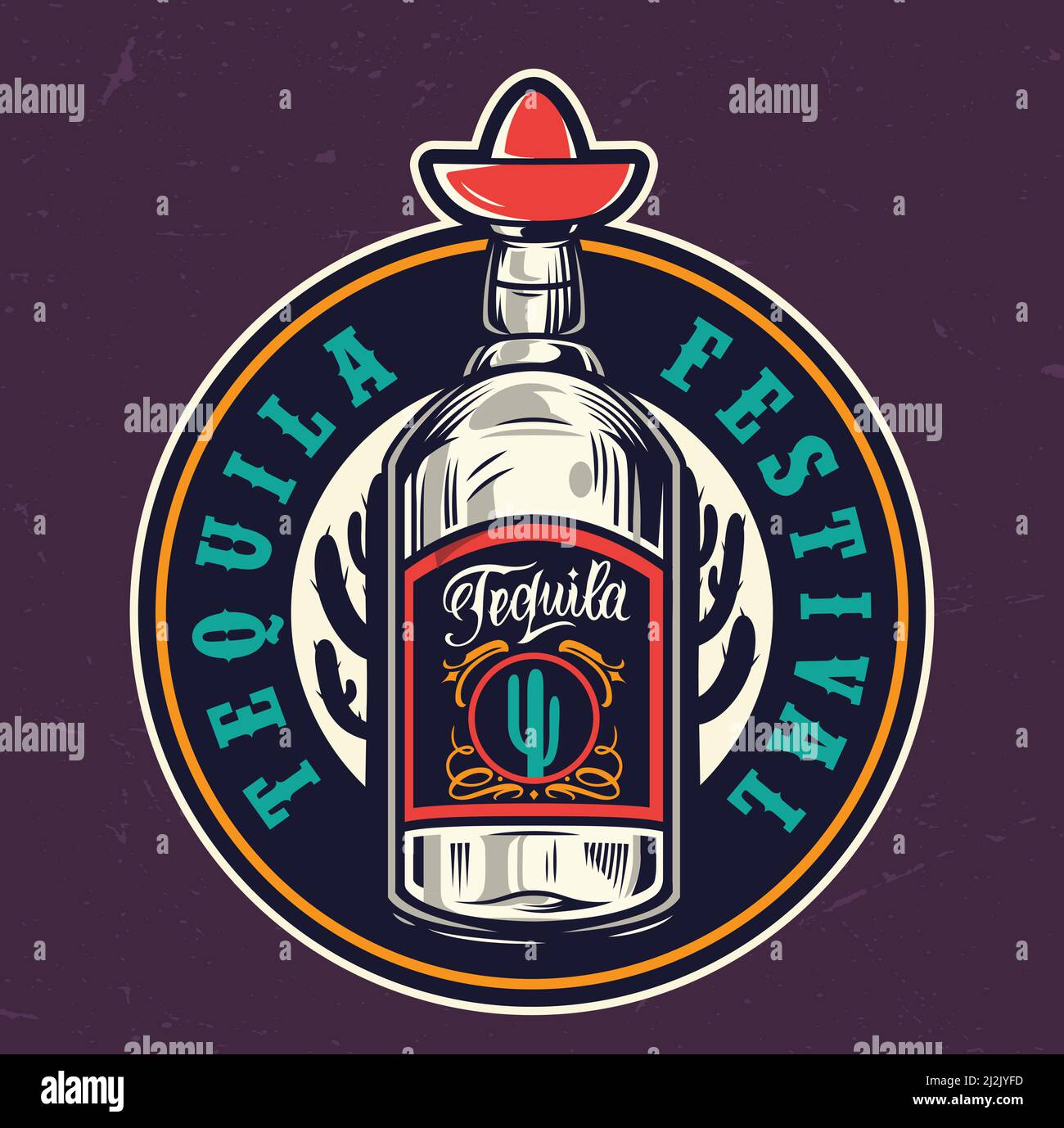 Festival mexicano de tequila, colorida etiqueta redonda con botella de tequila ilustración vectorial aislada de estilo vintage Ilustración del Vector