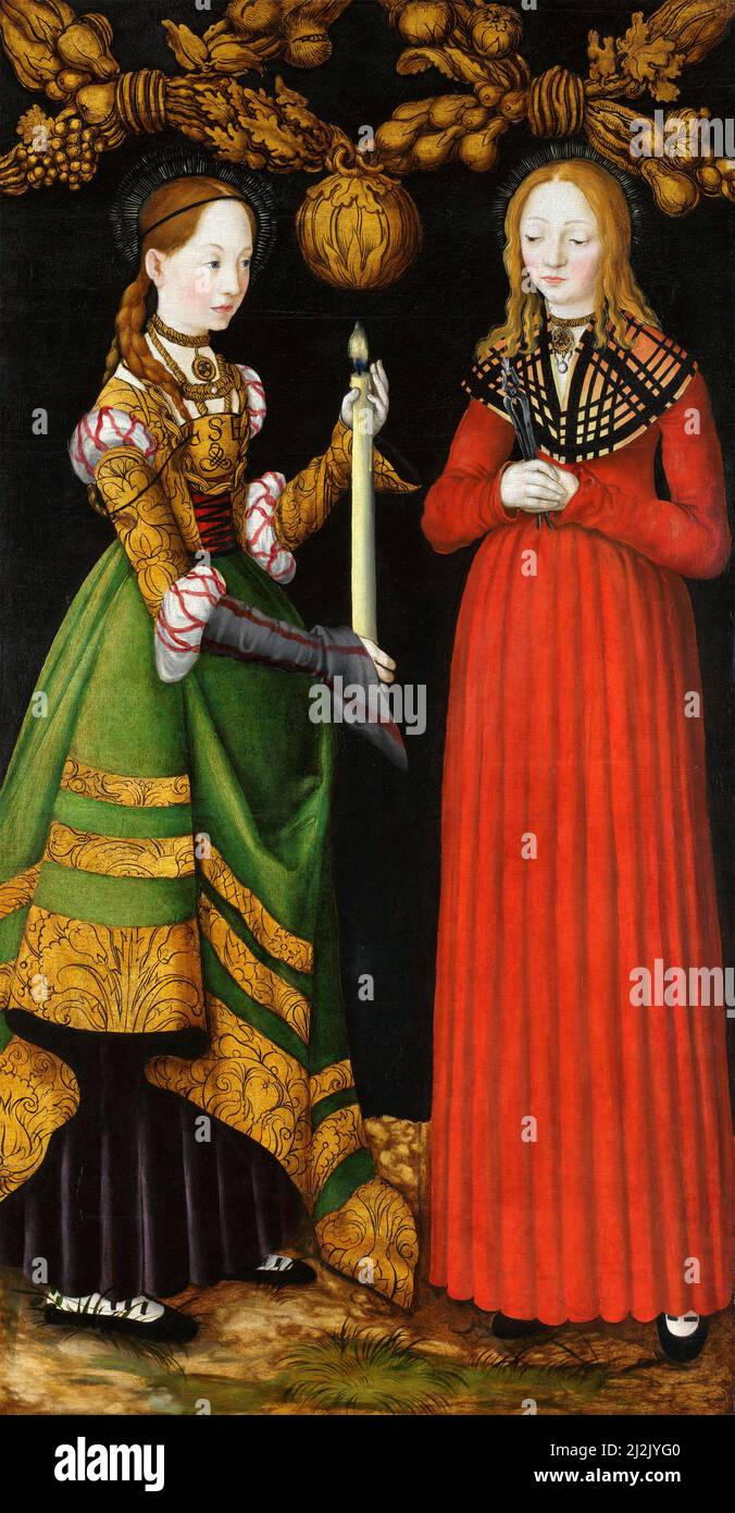 Saints Genevieve y Apollonia por Lucas Cranach el Viejo (1472-1553), aceite sobre madera de limo, 1506 Foto de stock
