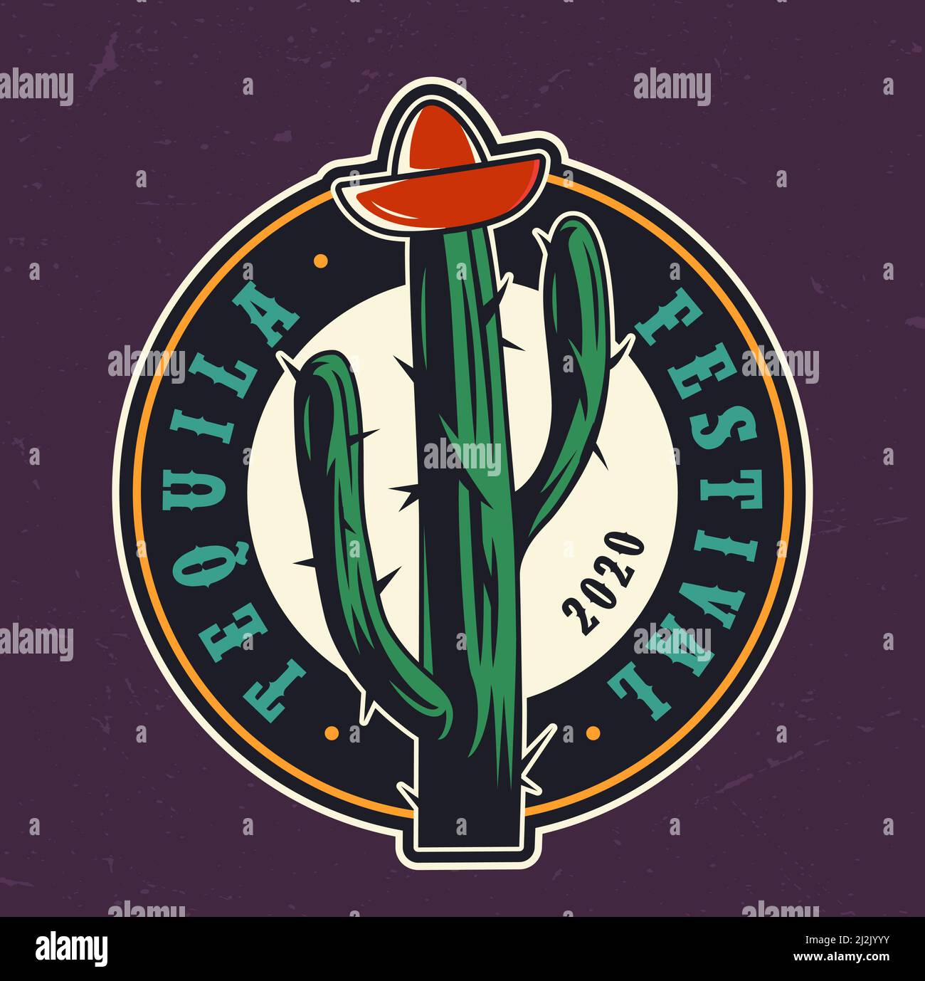 Tequila festival etiqueta redonda de colores con tapa de botella de tequila en forma de sombrero de sombrero en cactus en estilo vintage aislado ilustración vectorial Ilustración del Vector