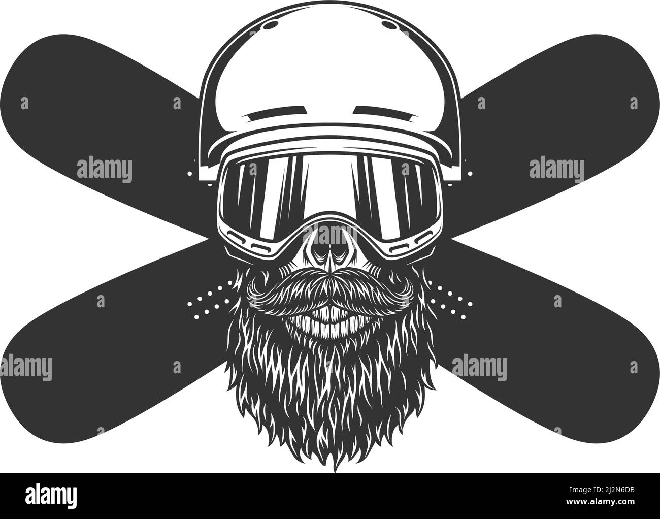 Calavera con diseño de snowboarder con barba y bigote vintage en máscara de casco y. tablas de nieve cruzadas ilustración vectorial aislada Ilustración del Vector