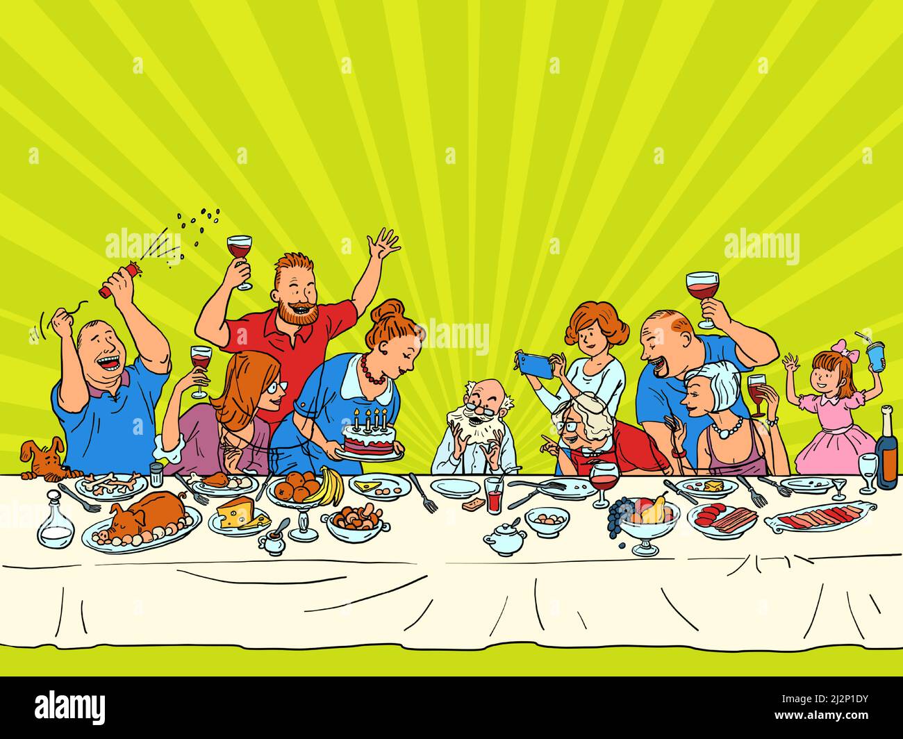 Cumpleaños del abuelo, unas vacaciones familiares. Aniversario. Familiares en la mesa festiva con comida y pastel Ilustración del Vector