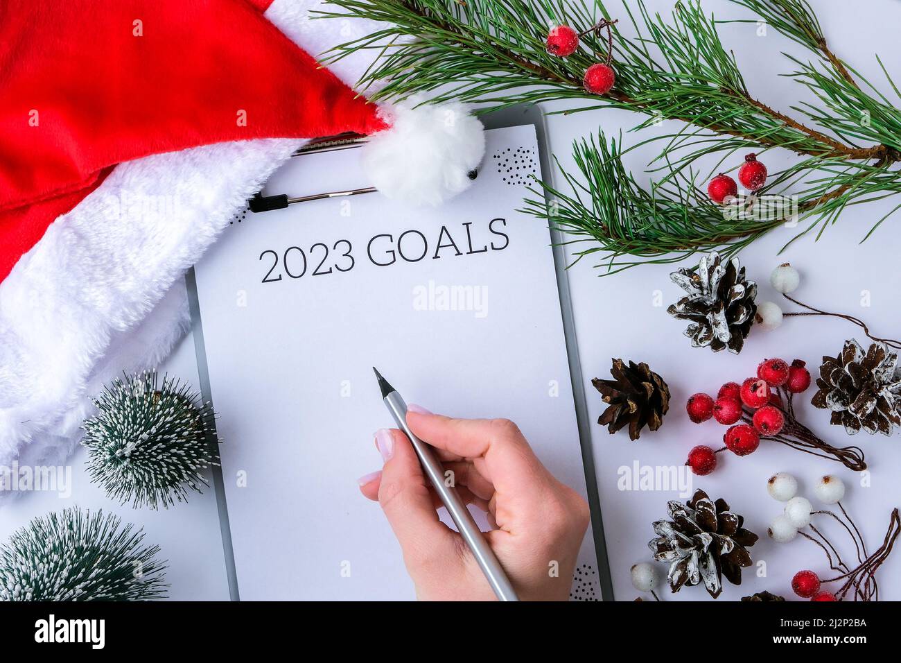 2023 hojas de papel de las metas alrededor de decoraciones del año nuevo de  navidad. Concepto de año de planificación. Espacio de copia. Capa plana.  Vista superior. Concepto de duda Fotografía de