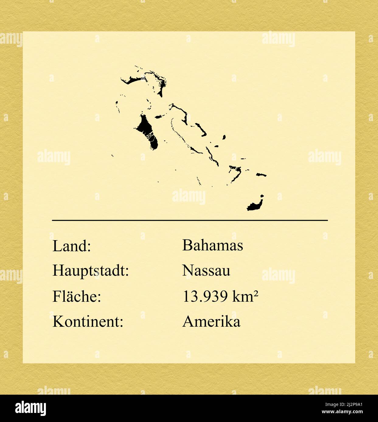 Umrisse des Landes Bahamas, darunter ein kleiner Steckbrief mit Ländernamen, Hauptstadt, Fläche und Kontinent Foto de stock