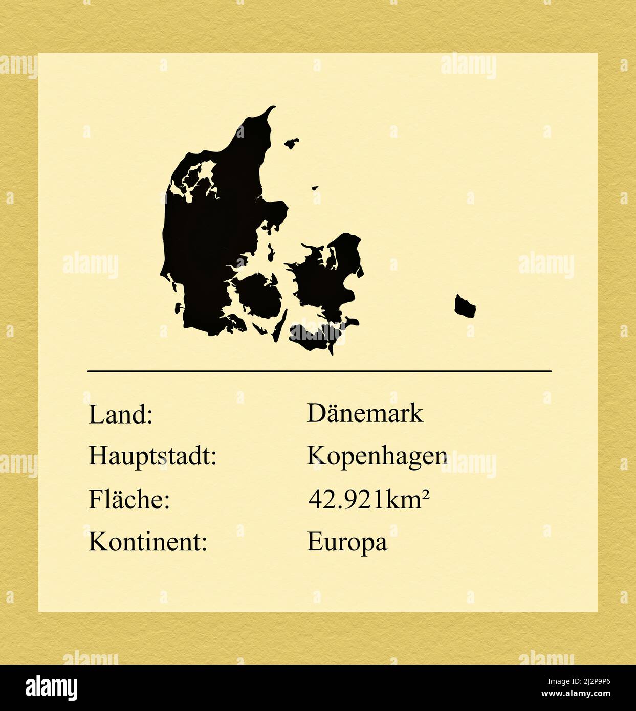 Umrisse des Landes Dänemark, darunter ein kleiner Steckbrief mit Ländernamen, Hauptstadt, Fläche und Kontinent Foto de stock