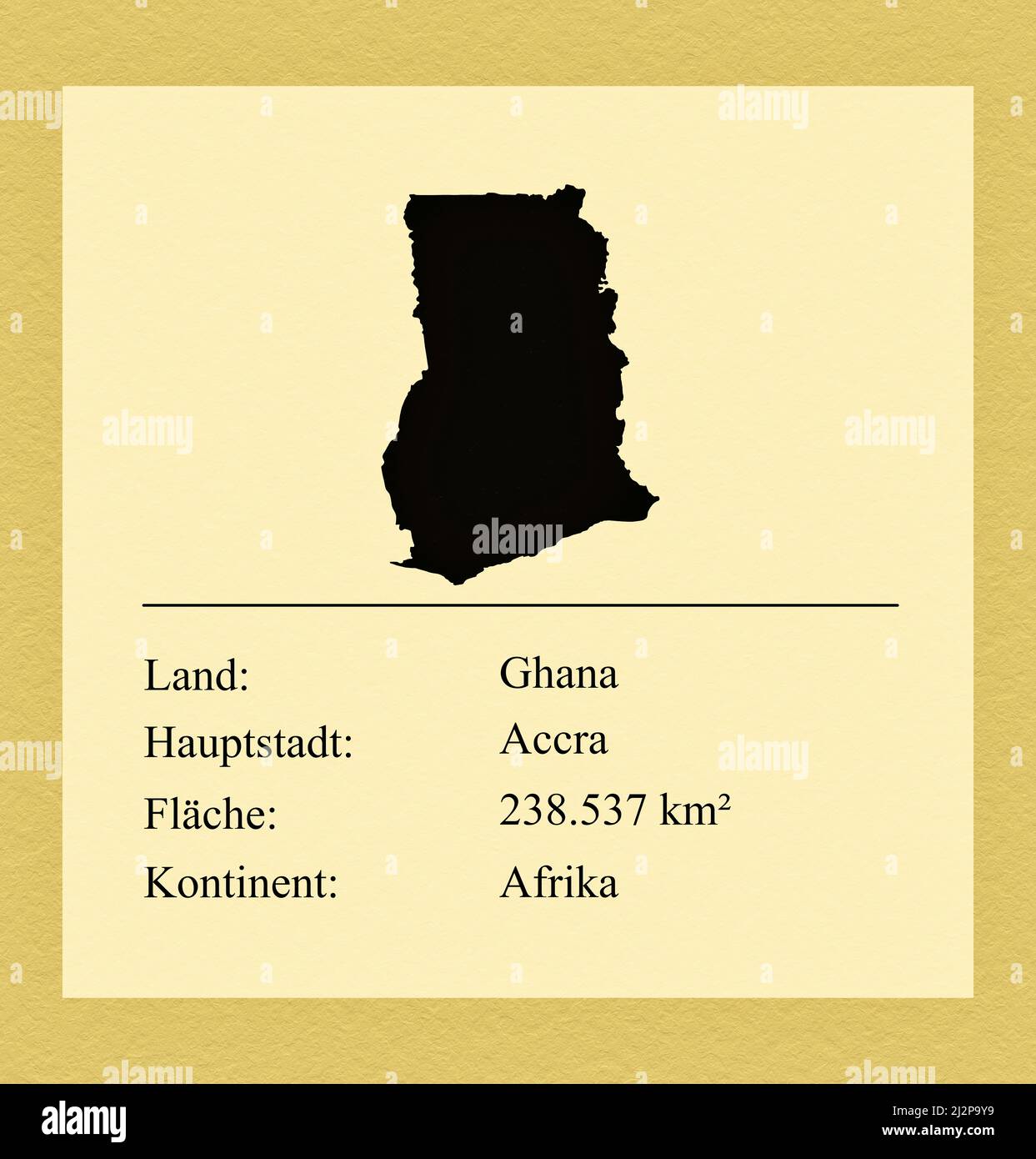 Umrisse des Landes Ghana, darunter ein kleiner Steckbrief mit Ländernamen, Hauptstadt, Fläche und Kontinent Foto de stock