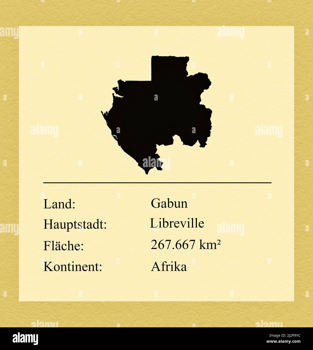 Umrisse des Landes Gabun, darunter ein kleiner Steckbrief mit Ländernamen, Hauptstadt, Fläche und Kontinent Foto de stock