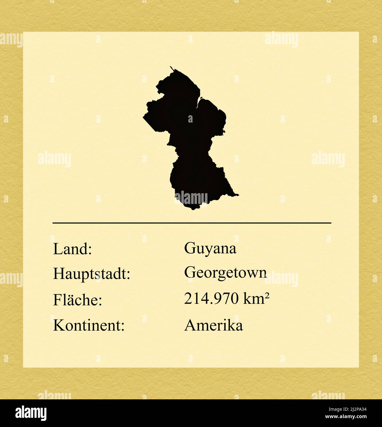 Umrisse des Landes Guyana, darunter ein kleiner Steckbrief mit Ländernamen, Hauptstadt, Fläche und Kontinent Foto de stock